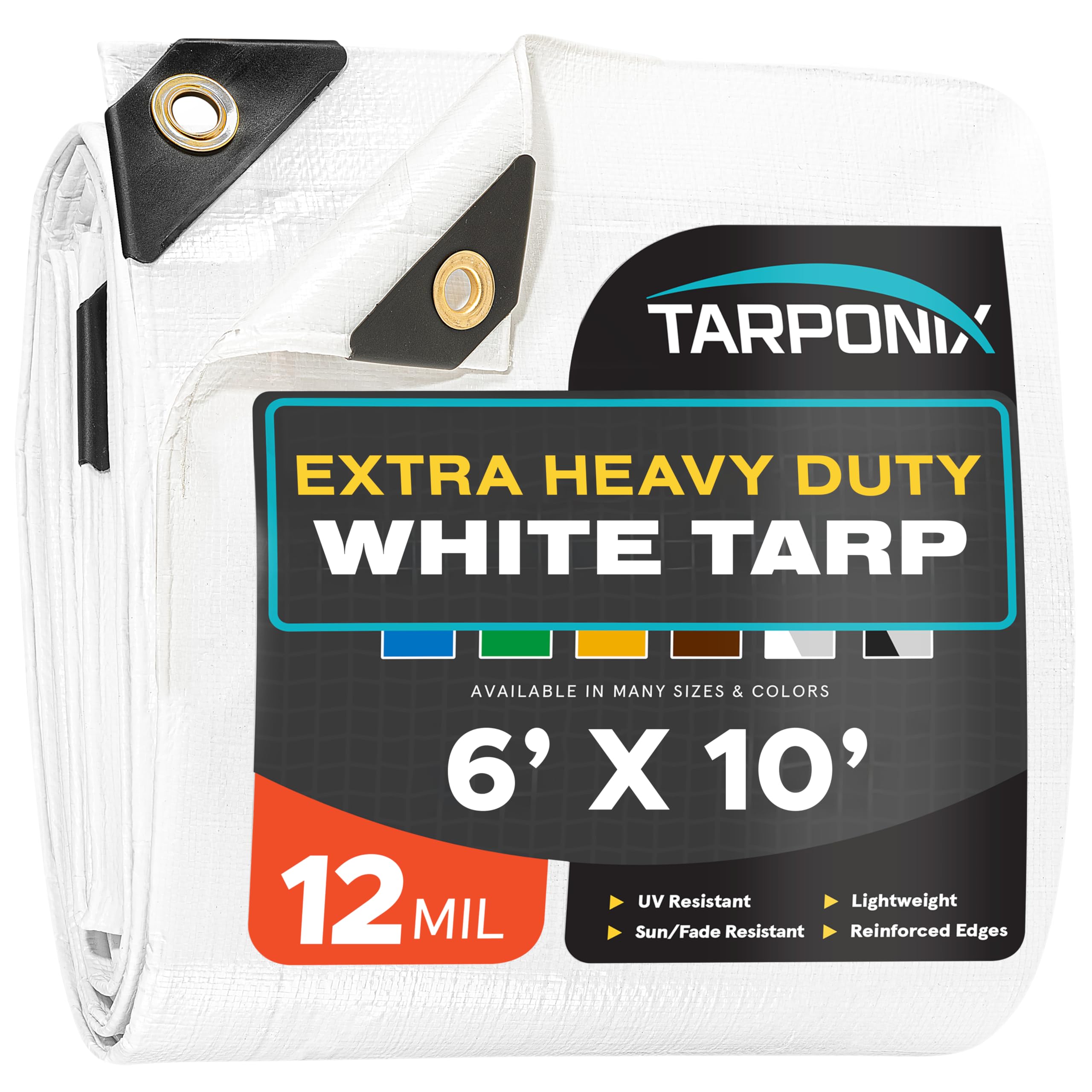 Tarponix 6' x 10' Extra Heavy-Duty White Poly Tarp – 12 Mil Thick, Waterproof, UV-Resistant Polyethylene with Reinforced Edges, Double-Stitched Hems,