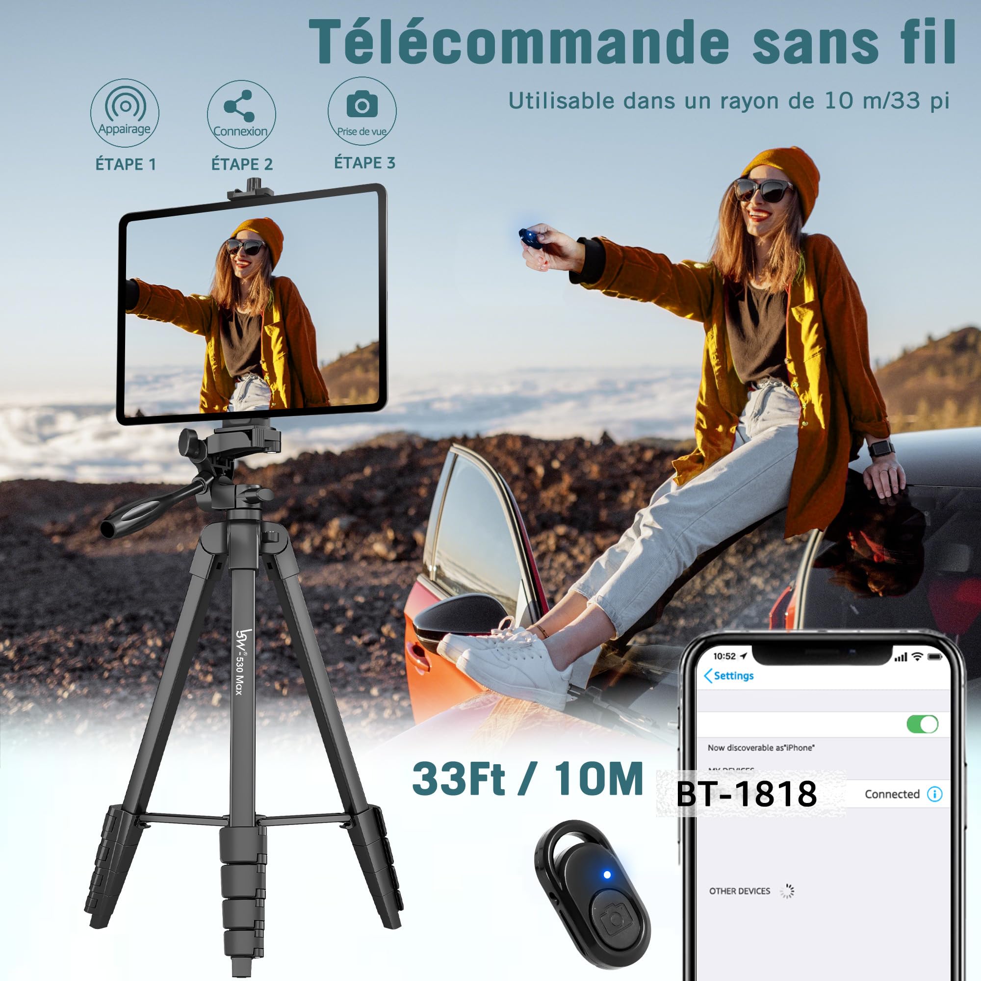 Trépied de Téléphone de 152,4 cm avec Support de Trépied 2 en 1, Support pour Téléphone Portable/Tablette/Webcam/Gopro/Toutes Les Caméras, avec Sac de Transport pour la Photographie/Vidéo
