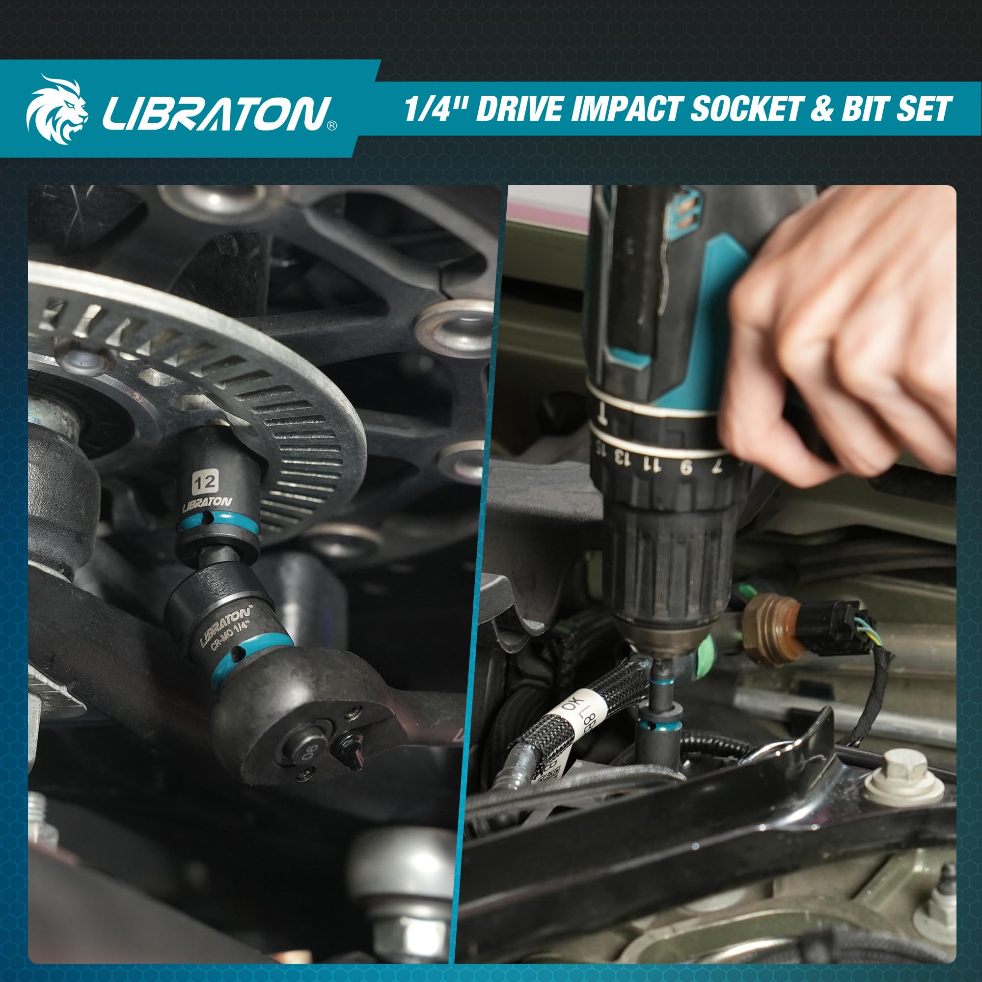 LIBRATON 71 PCs Juego de Llaves de Vaso y Puntas 1/4", Llaves de Impacto Métricos(4-15MM) y SAE(5/32-9/16"), Dados de Impacto CR-V, Puntas Destornillador S2, Carraca de 90 Dientes, Mango Giratorio