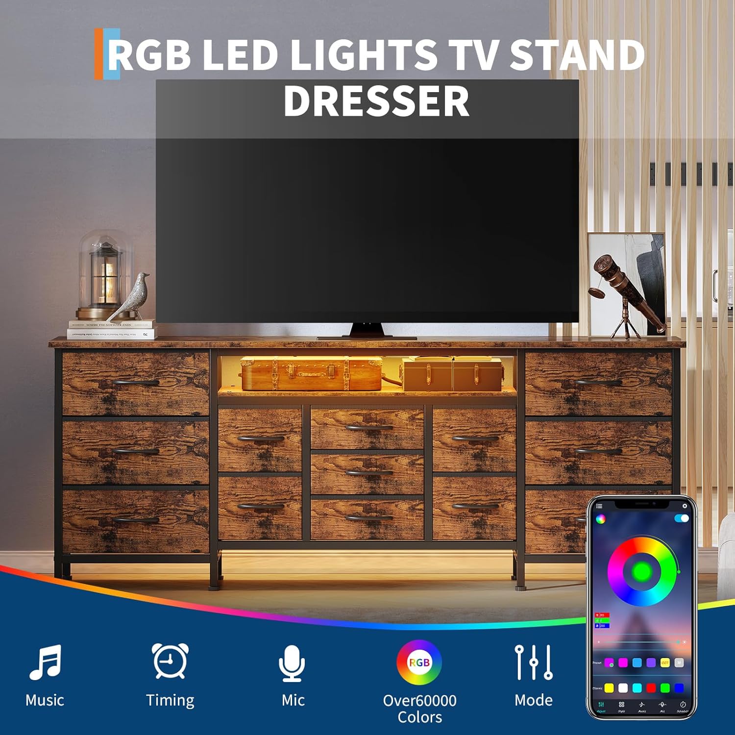 Patikuin TV stand dresser with LED lights illuminated in a warm glow, showing a smartphone app interface for controlling the RGB lights.