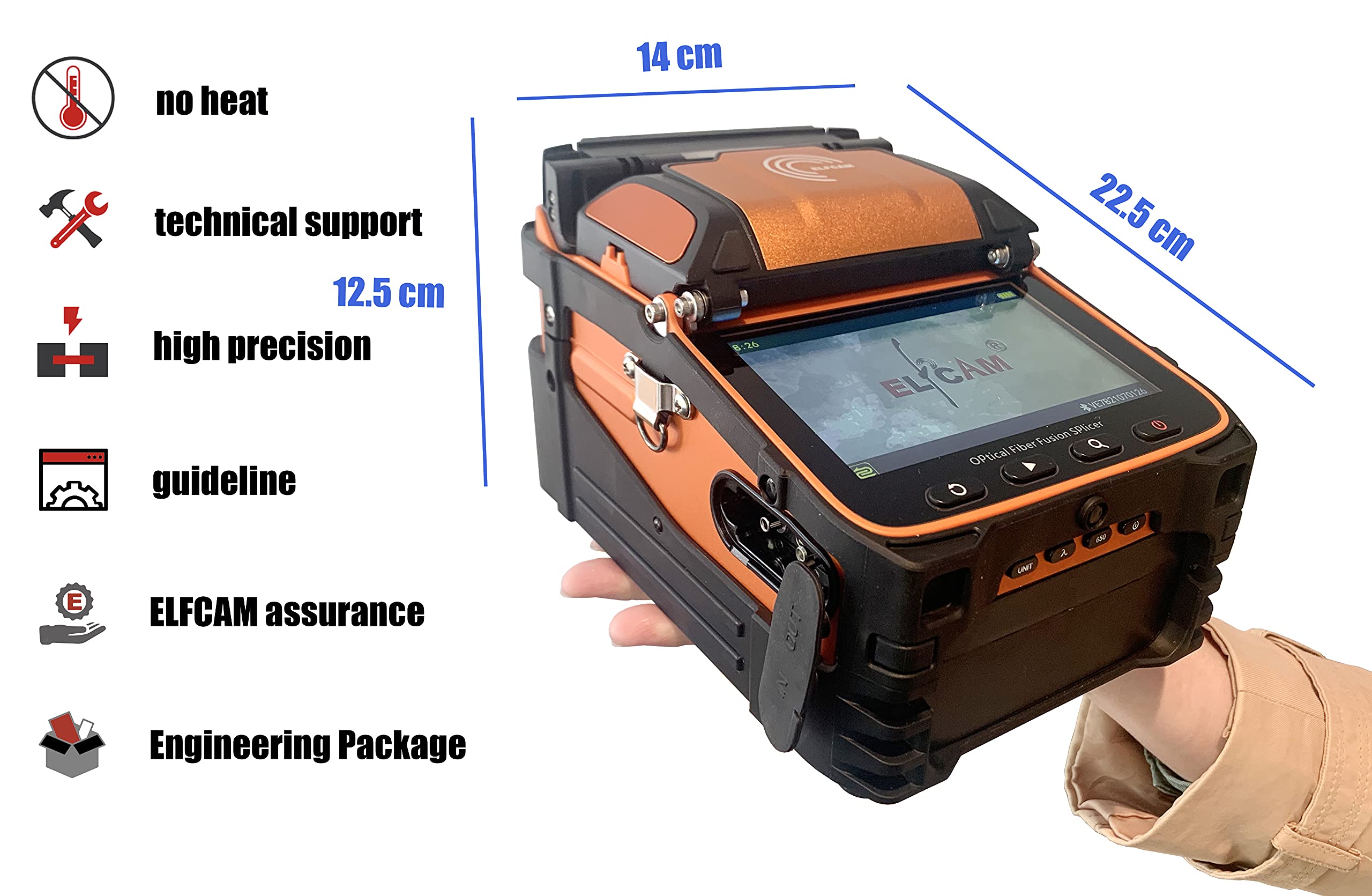 Elfcam® - Ai9 Kit – Soudeuse de Fibre Optique à Alignement Cœur-à-Cœur, 6 Moteurs, Écran Tactile, Testeur de Puissance Intégré, Temps d'Épissure ≈ 5 s, Chauffage ≈ 15 s – Pour FTTH/FTTx Installations