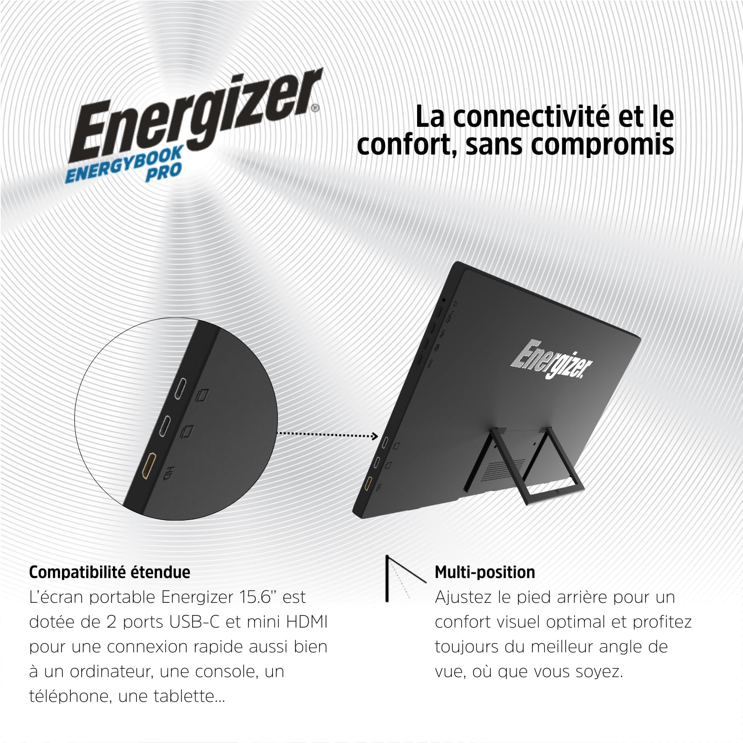 Energizer - 15,6" IPS Full HD (1920 x 1080) 60 Hz porty USB-C + Mini HDMI z podstawką - wbudowane głośniki - do komputerów PC/MacBook/Xbox/PS4 5/TV
