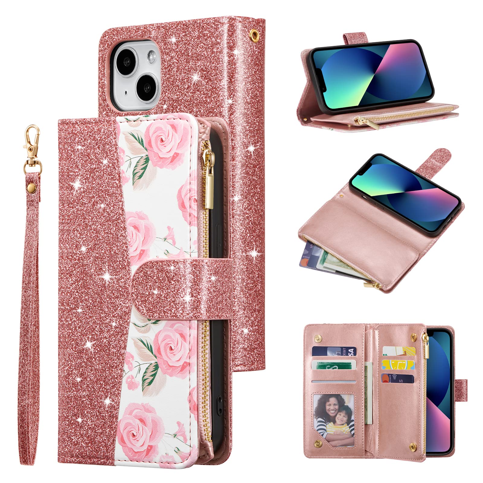 UEEBAI Wallet Case for iPhone 13 - PU Leather Magnetic Closure Handbag With Zipper Pocket, Kickstand, Card Slots and Hand Strap - Bling Rose Gold Flip