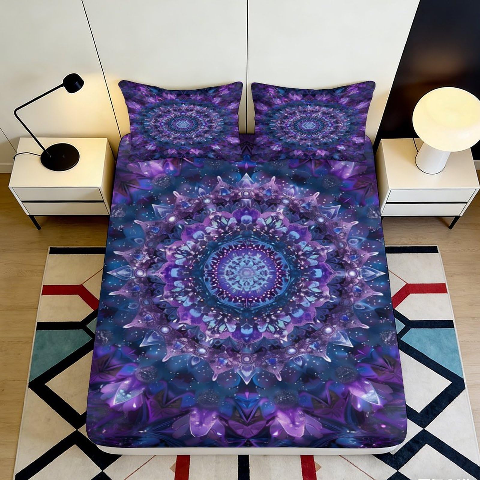 3D Printed Purple Mandala Fitted Sheet Microfiber Anti-Slip Mattress Cover Bedroom Decor Dustproof Easy Care 90x200x25cm