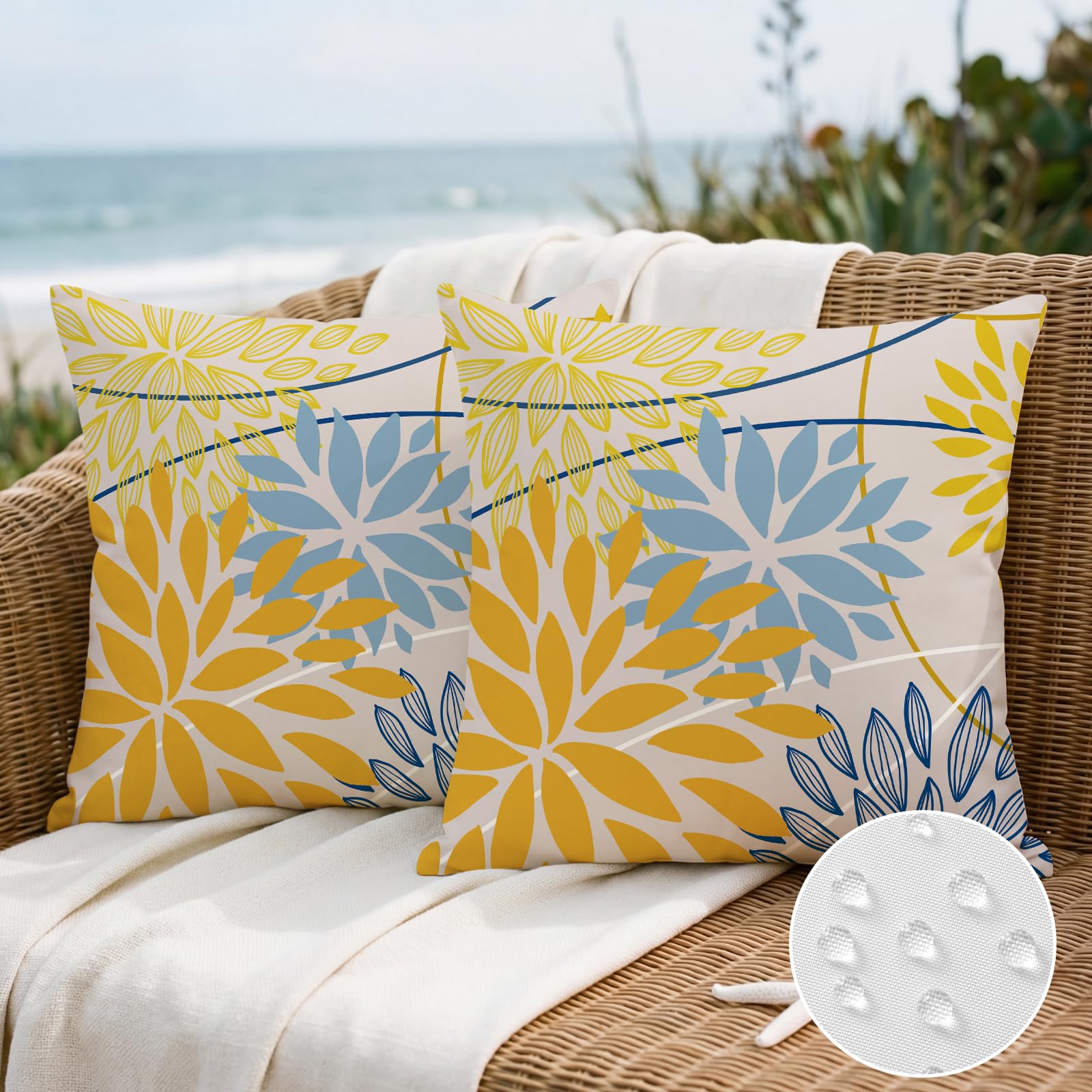 Artscope Outdoor Waterproof Yellow Blue Cushion Covers Geometric 40x40cm Set of 2 Dark Blue Dahlia Floral Pillowcases Outdoor Flowers Pillow Covers for Patio Garden Bench Sofa Farmhouse Decor