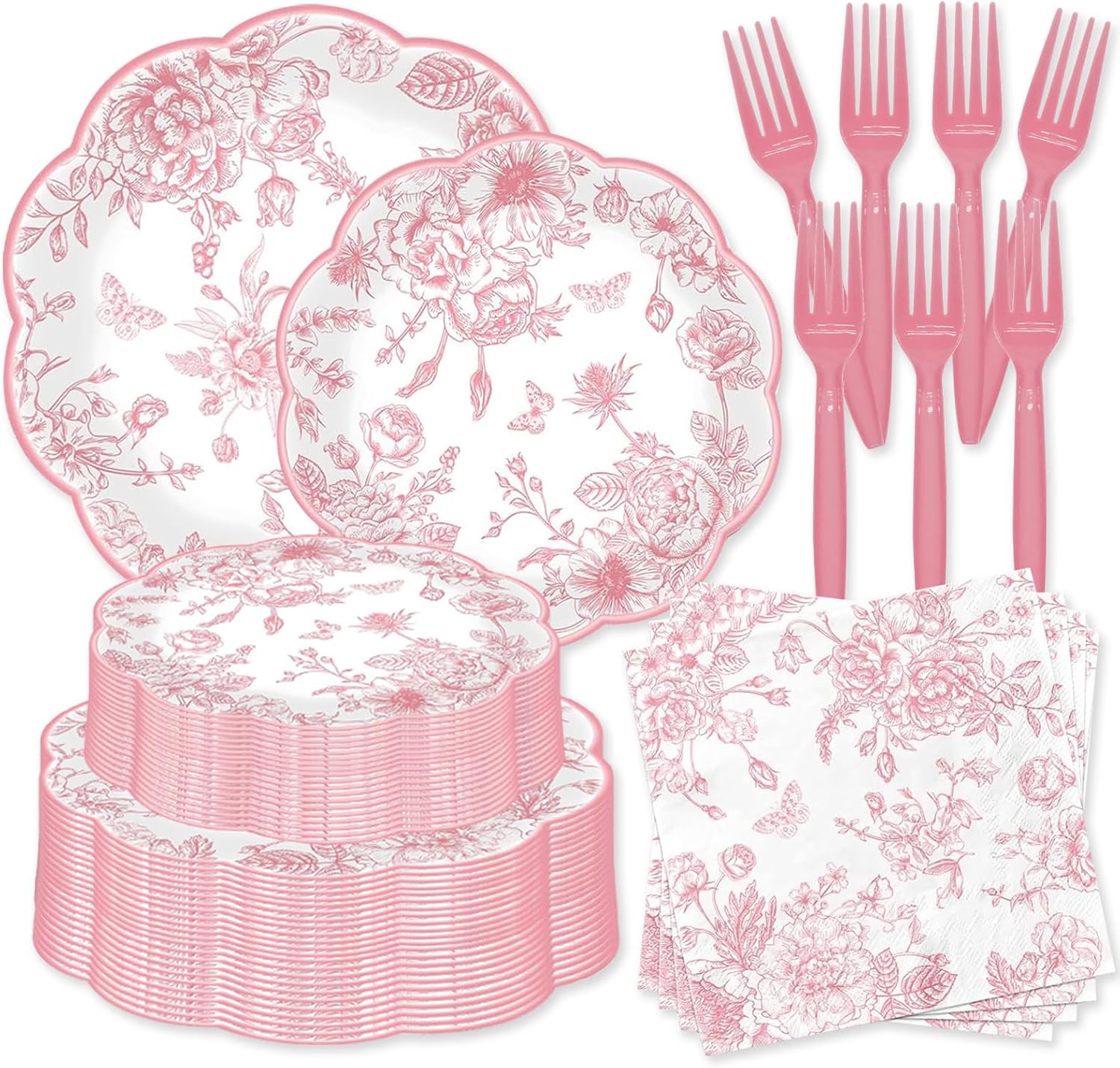 250 Pcs Pink Floral Plates and Napkins, 50 Guests Pink and White Scalloped Disposable Tableware Set Vintage Paper Plates Napkins for Wedding Bridal Shower Tea Garden Party Supplies