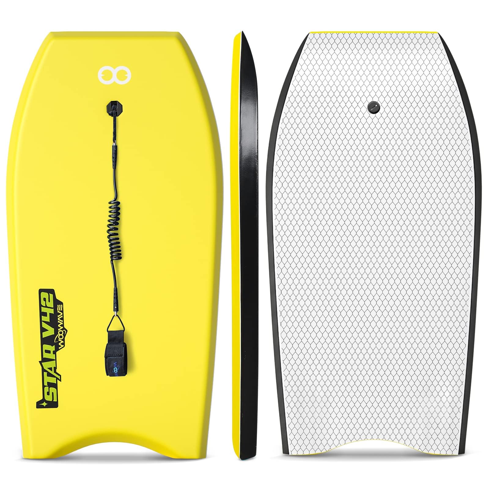 Bodyboard de 83.8 cm/94.0 cm/106.7 cm IXPE Premium con correa de muñeca en espiral, núcleo de EPS súper ligero y parte inferior lisa de HDPE, perfecto para niños y adultos (amarillo, 42
