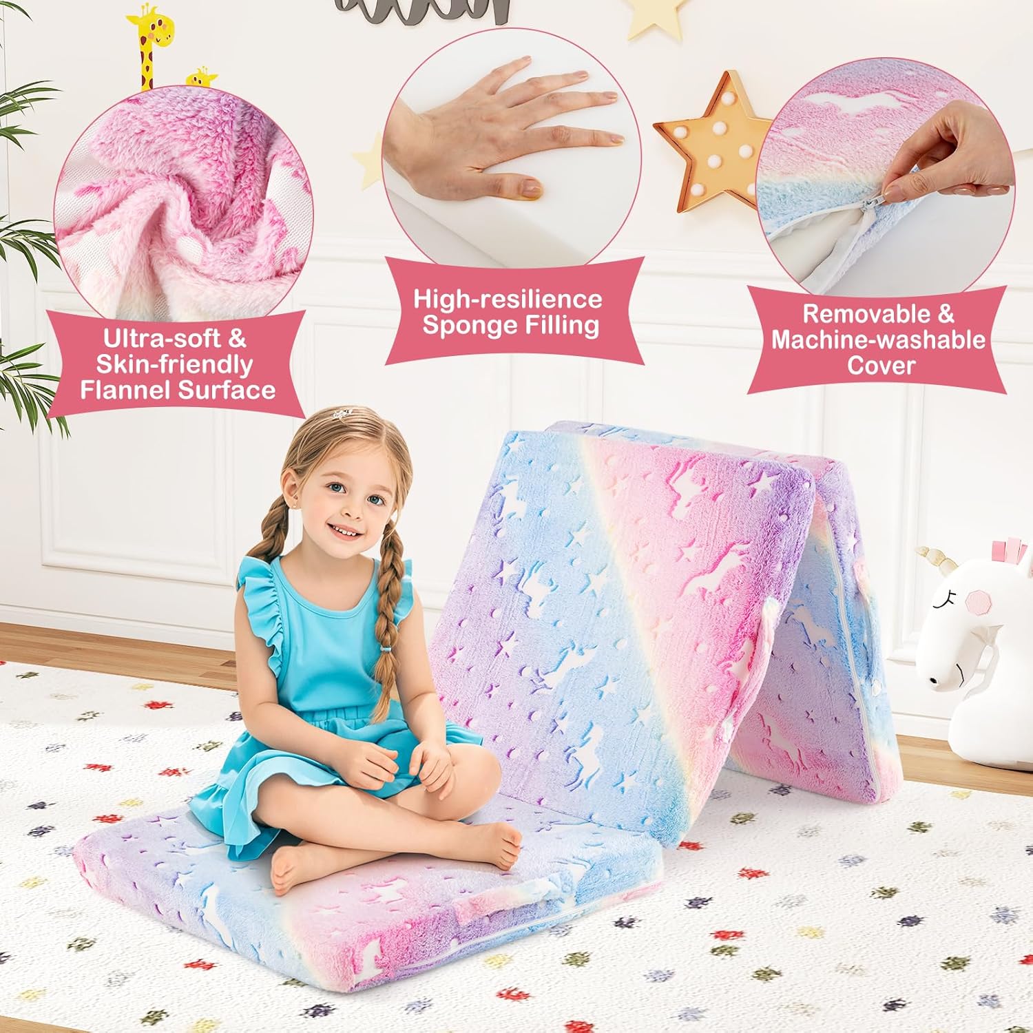 Costzon Foldable Floor Mattress for Kids, Glow in The Dark Toddler Floor Nap Mat w/Washable Flannel Cover, Tri-Folding Children Floor Bed for Sleeping Daycare Playroom, School, Kindergarten or Nursery