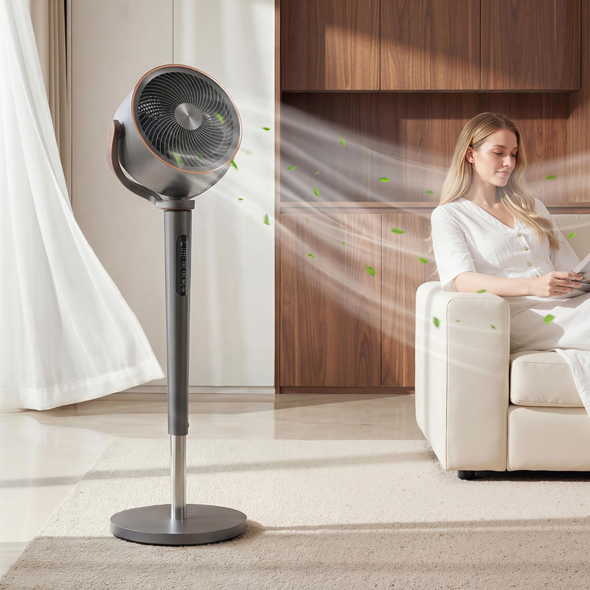 HOMCOM Ventilatore a Piantana Silenzioso 20dB, Ventilatore Camera da Letto, Oscillazione 70°+90°, Funzione Aromaterapia, Ionizzatrice, Motore DC, Telecomando, 12 Velocità, Timer12H, Altezza Regolabile