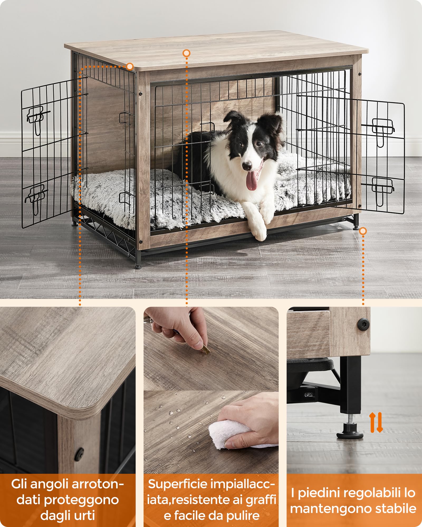 Feandrea Gabbia per Cani, Mobile Tavolino, Cuccia Moderna da Interno per Cani fino a 32 kg, Gabbia per Cuccioli, Vassoio Multiuso Rimovibile, Casetta per Animali, 2 Porte, Greige PFC003G01