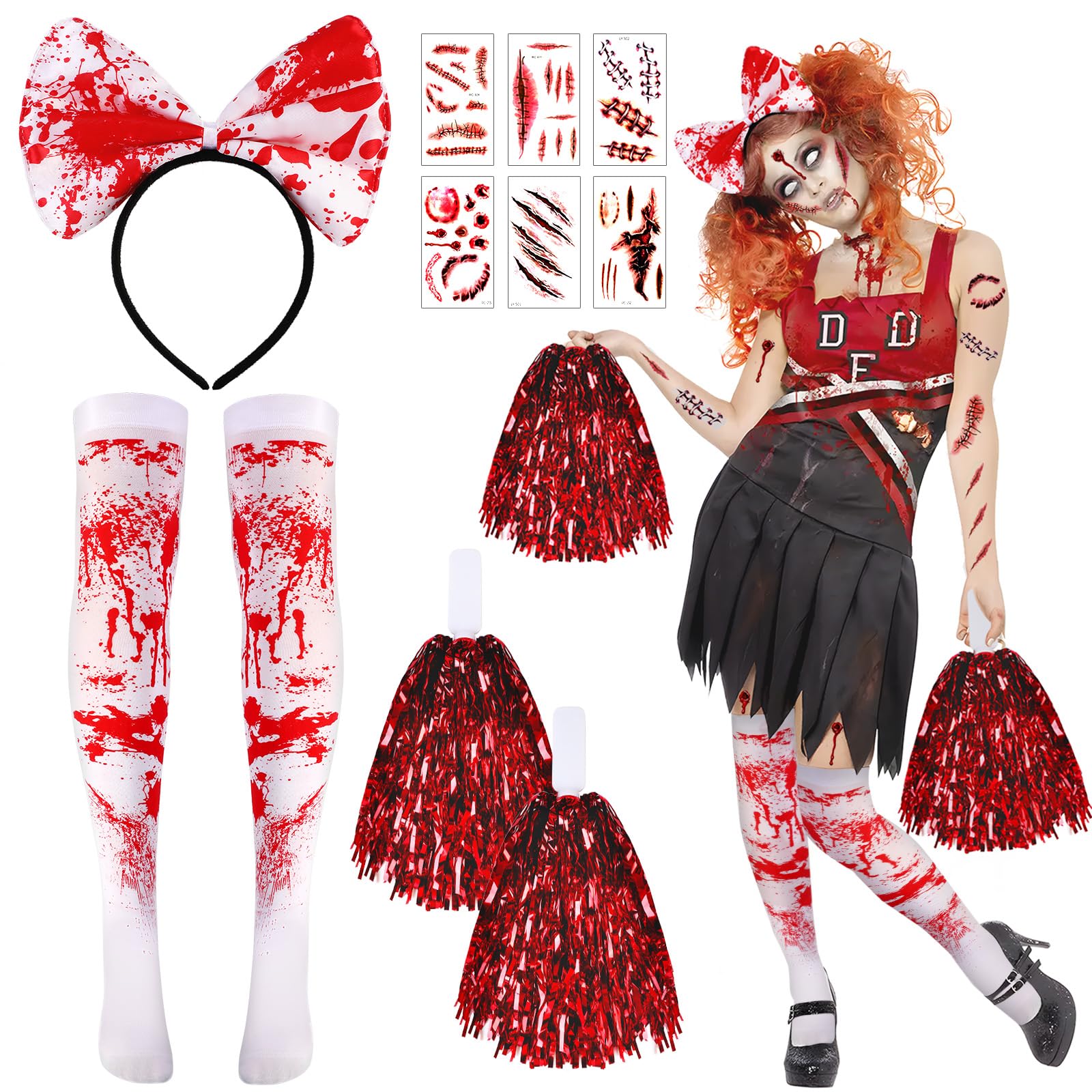 Disfraz De Animadora Zombie Para Niña – Incluye Vestido, Medias, Lazo, Pompones Y Tatuajes De Sangre, Ideal Para Halloween Y Fiestas De Terror