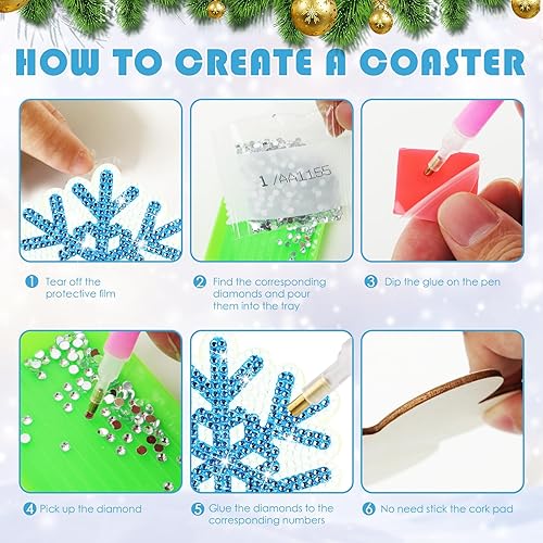 Miniatura 3 de Juego de 10 posavasos de pintura de diamantes de Navidad, posavasos de diamantes de copo de nieve con soporte, posavasos de arte de diamantes de