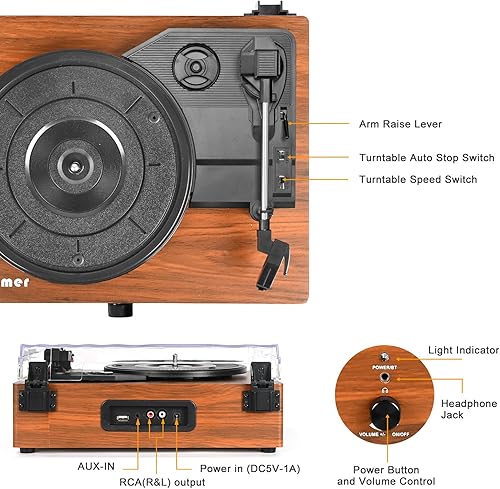 Miniatura 6 de Reproductor de discos de vinilo con altavoces mejorados y USB, tocadiscos Bluetooth impulsado por correa con entrada AUX de 3 velocidades y salida