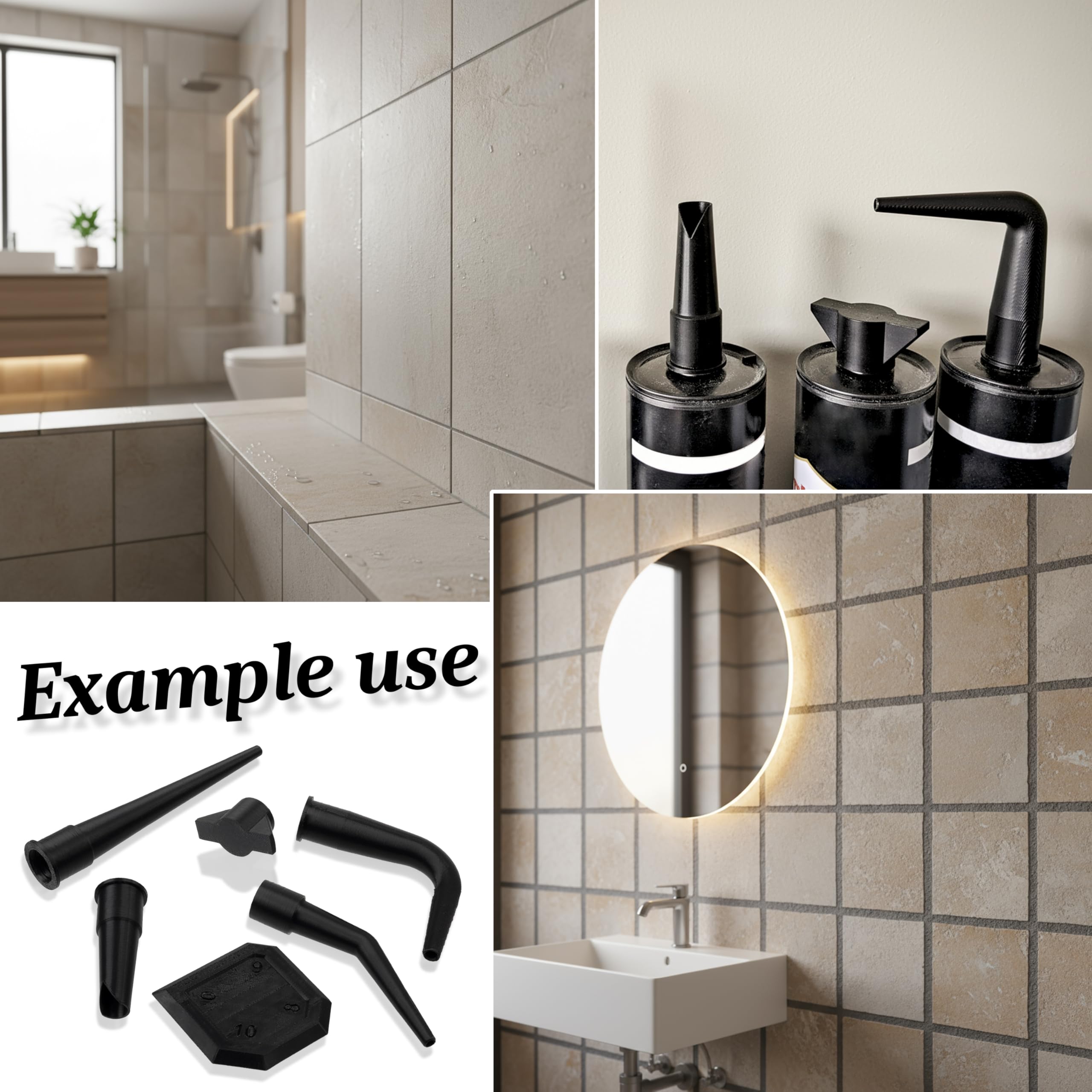AERZETIX - Kit di 4 beccucci (2 dritti, 1 a 140°, 1 a 90°) per cartuccia di silicone + 1 spatola per lisciare le giunzioni + 1 tappo | in plastica nera