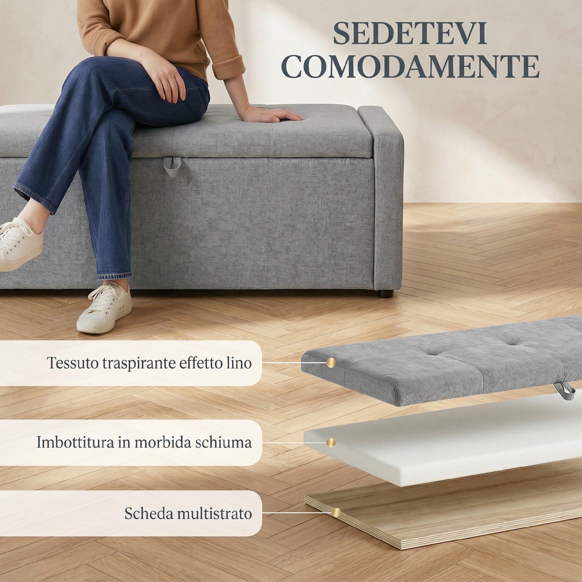 HOMCOM Cassapanca 142L Pouf Contenitore Poggiapiedi Grande 122x48x44cm, Seduta Imbottita 2 Posti, Panca Contenitore Effetto Lino, Struttura in Legno, 200 kg, Camera da Letto, Soggiorno