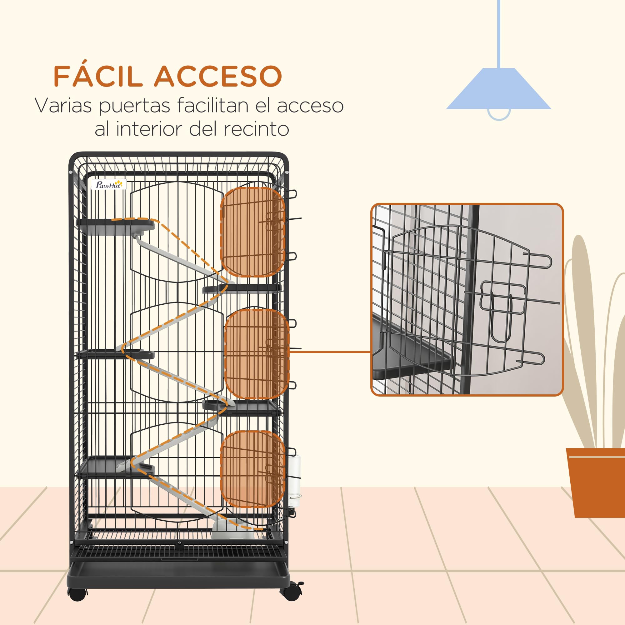 PawHut Jaula para Hurones con Ruedas Rampa Cuenco 61,5x44x131cm Negro | Jaula para Animales Pequeños, Botella de Agua, Bandeja Extraíble, Recinto para Conejos Chinchillas