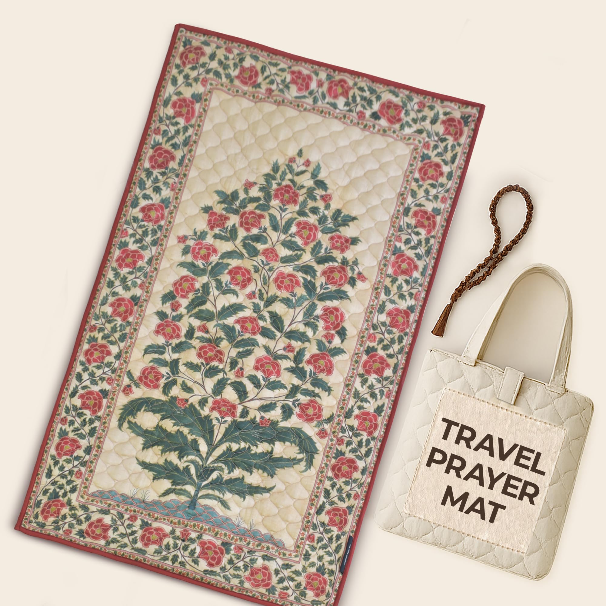 Muslim Prayer Mat - سجادة صلاة - Padded & Portable Islamic Prayer Mat - Ideal For Home, Office & Mosque Use - Easily Foldable & Machine Washable Rug - For Umrah/Hajj/Eid Gift - Crimson Paradise