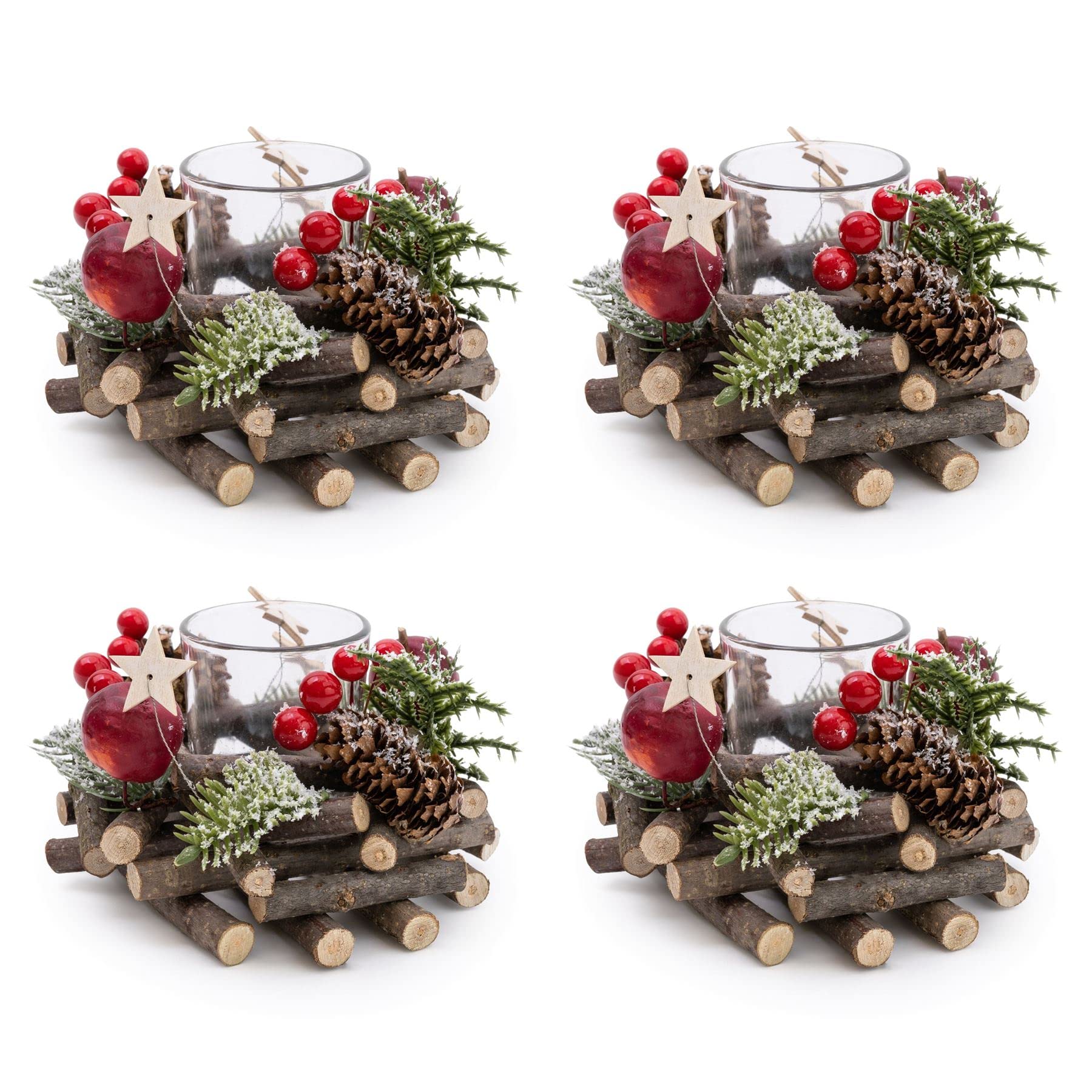 Carousel Set Of 4 Traditional Pinecone & Berries Christmas Wreath Tealight Candle Holder