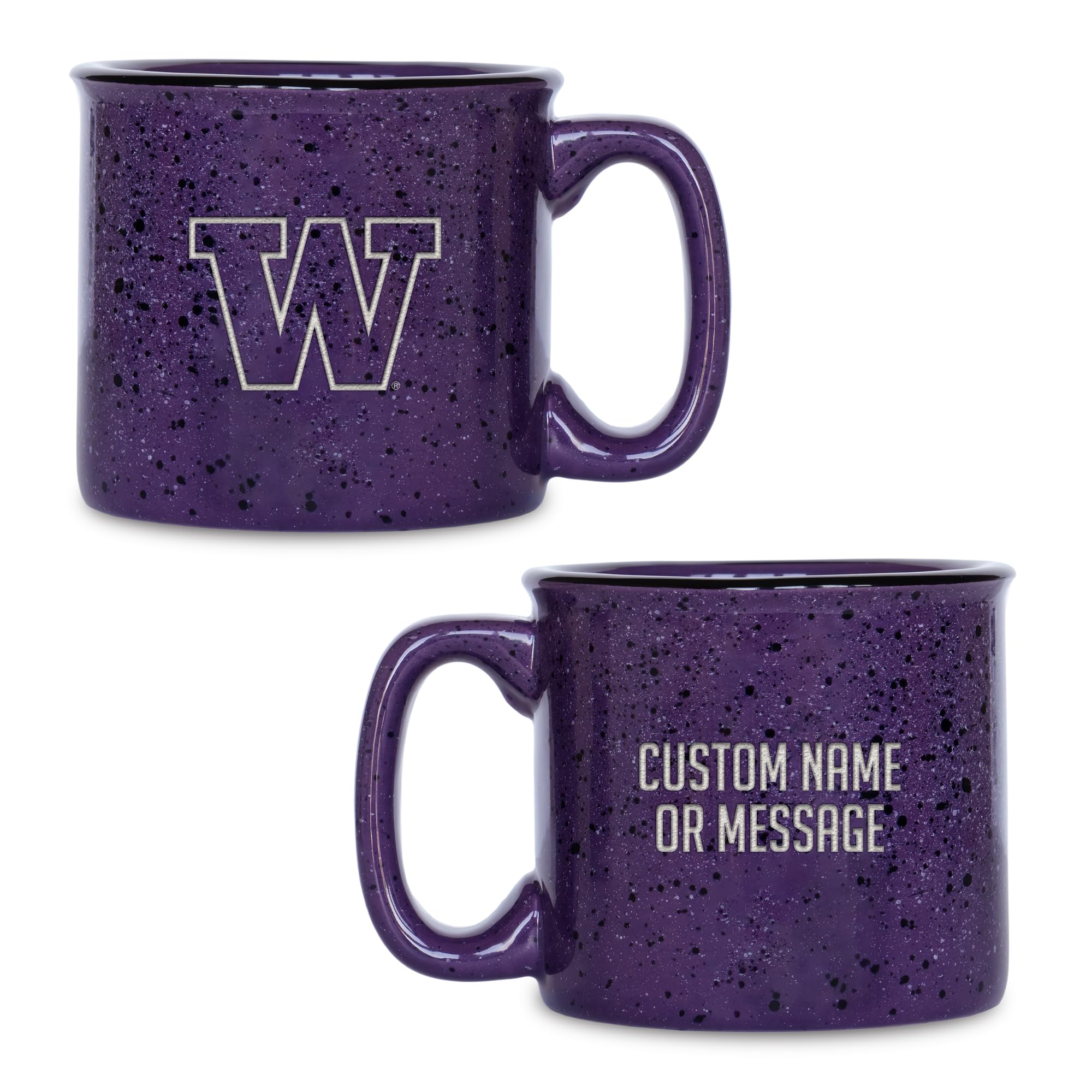 Rico Industries NCAA Washington Huskies Personalized 12oz. Speckle Camper Coffee Mug, Deep Laser Engraved Logo, Ceramic Camping Mug with Purple Body, Speckle Glaze