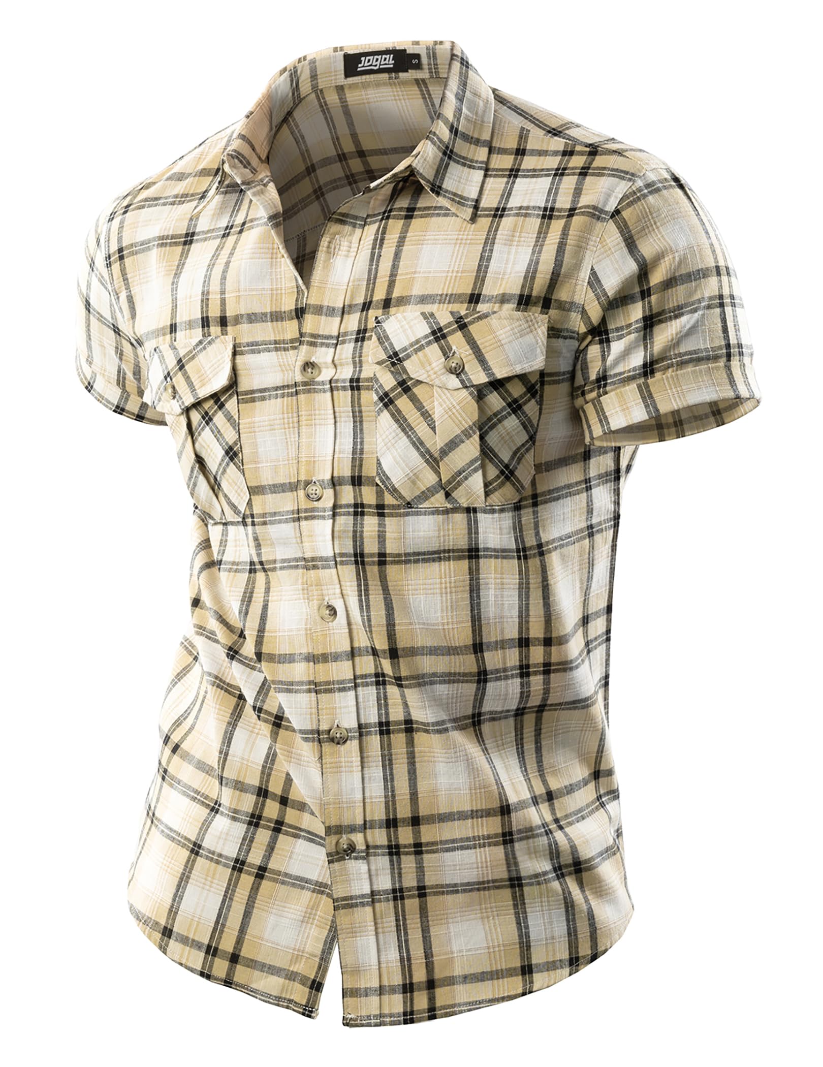 JOGAL Camisa de lino de algodón de manga corta a cuadros para hombre, corte regular, para verano, camisa informal con bolsillos, camisa de traje con botones, camisa de trabajo