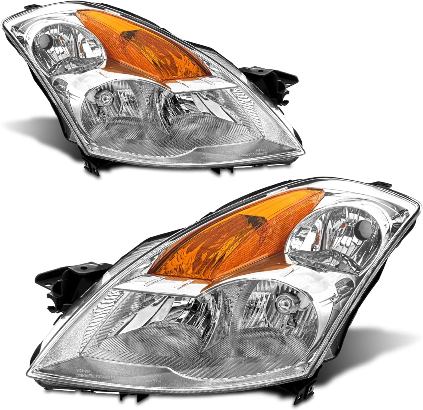 Headlight Assembly Compatible with 2007-2009 Nissan Altima 4Dr Sedan models w/factory Halogen headlights Clear Lens Chrome Housing w/Amber Reflector Headlamp Replacement Left and Right Chrome Housing Amber Reflector Clear Lens OE Replacement