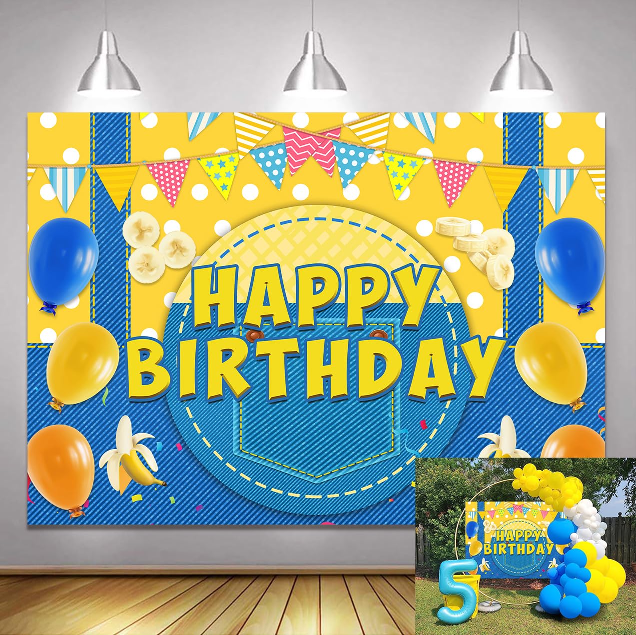Generic 7x5ft Yellow Cartoon Theme Birthday Backdrop Cowboy Banana Balloon Photo Background Boys Girls Birthday Party Cake Table Decoration Supplies