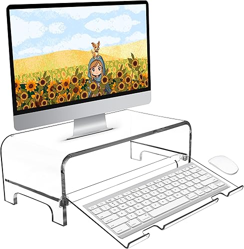 AMT Soporte acrílico para monitor de portátil de 2 niveles de 5.7 pulgadas de alto y elevador de computadora con protector de teclado gato, diseño