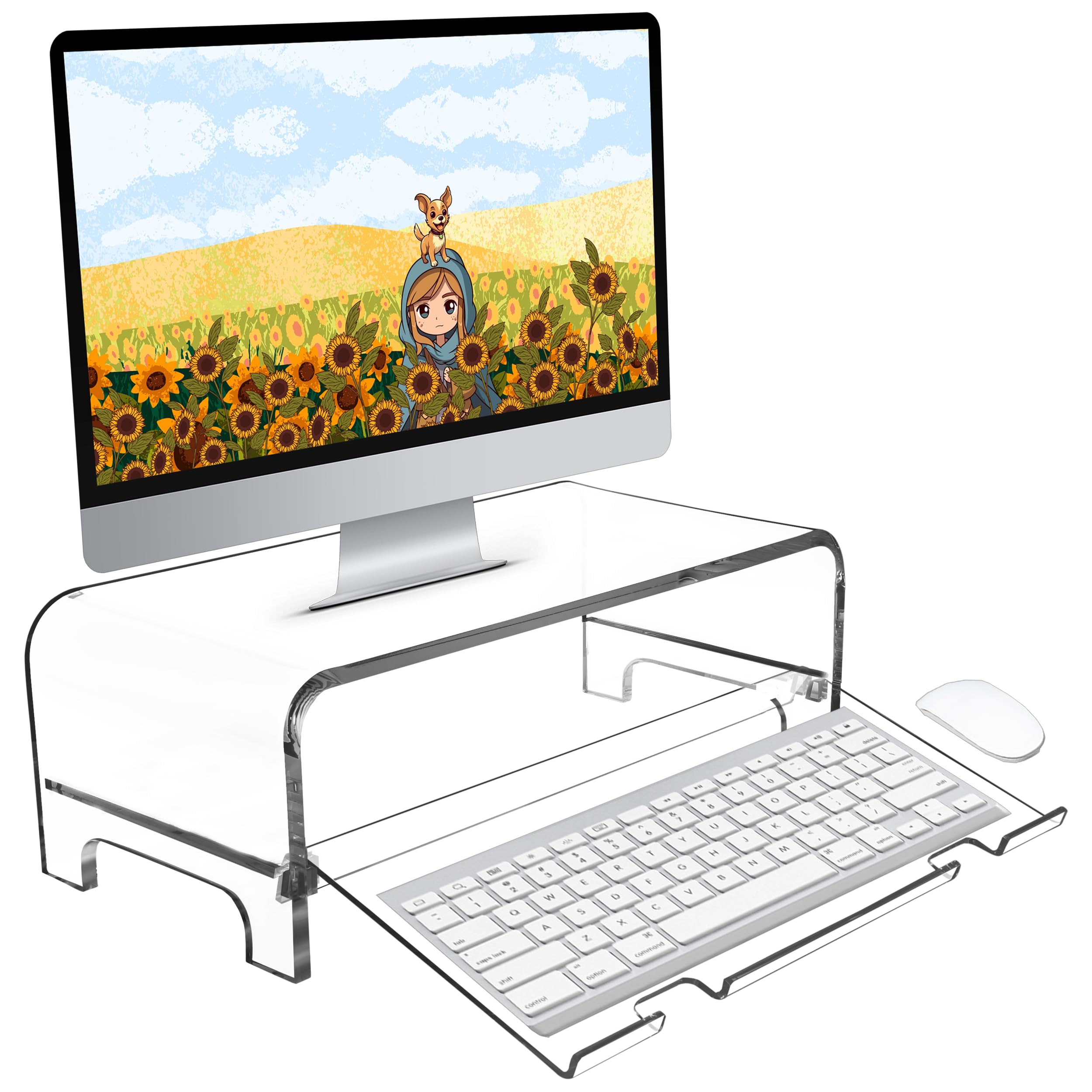 AMT 5.7 Inch Acrylic Monitor Stand and Laptop Riser with Keyboard Cover, Clear Desktop Shelf for Office and Home