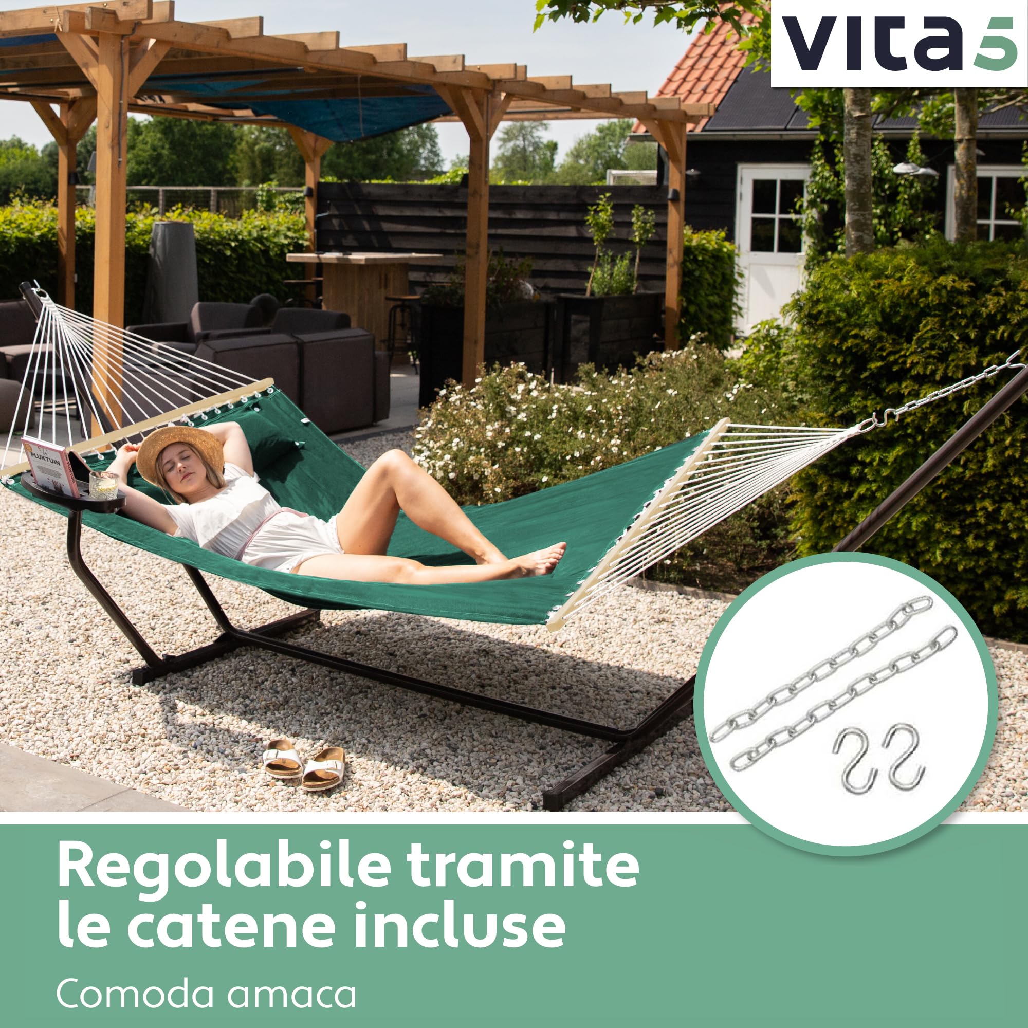 VITA5 Amaca con Struttura e Tavolino – Amaca da Giardino per 2 Persone con Supporto in Acciaio – Amache Doppia per Esterno, Balcone, Piscina – Portata 200kg – Telo Traspirante UV