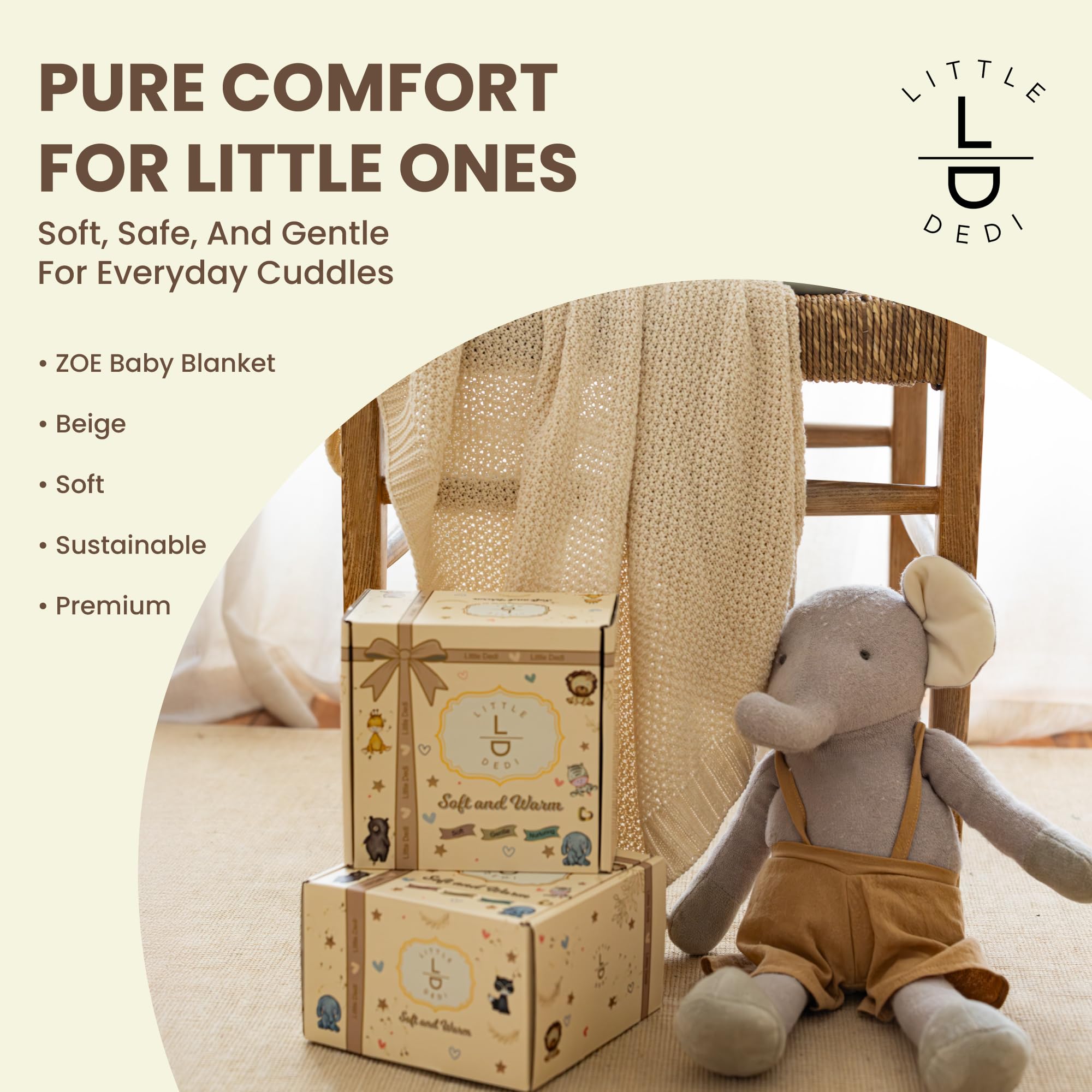 Little Dedi ZOE Baby Blanket Beige - Stroller Blanket & Cuddle Blanket made from 50% Recycled Cotton & 50% Polyester - GRS & OEKO-TEX Class 1 - Soft & Washable - Gift Box - 3