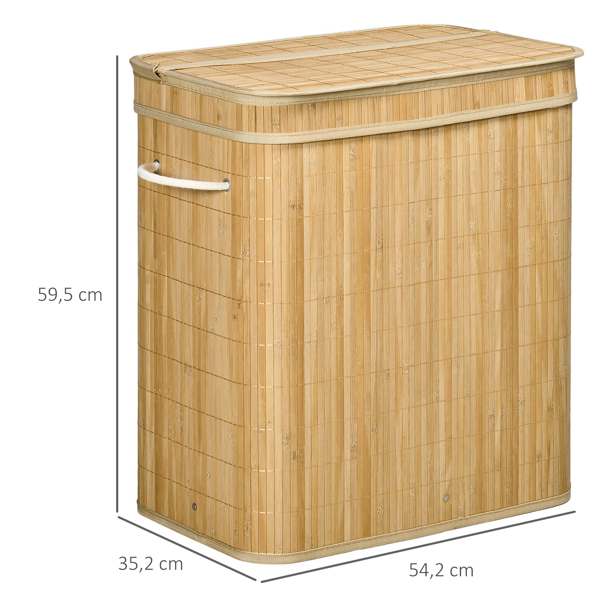 HOMCOM Cesto de Ropa Sucia con Tapa, 90L, Cesta Ropa Sucia de Bambú con 2 Compartimentos, Bolsa Interior Extraíble y Lavable, Asas, para Lavandería, Dormitorio, 54,2x35,2x59,5 cm, Natural