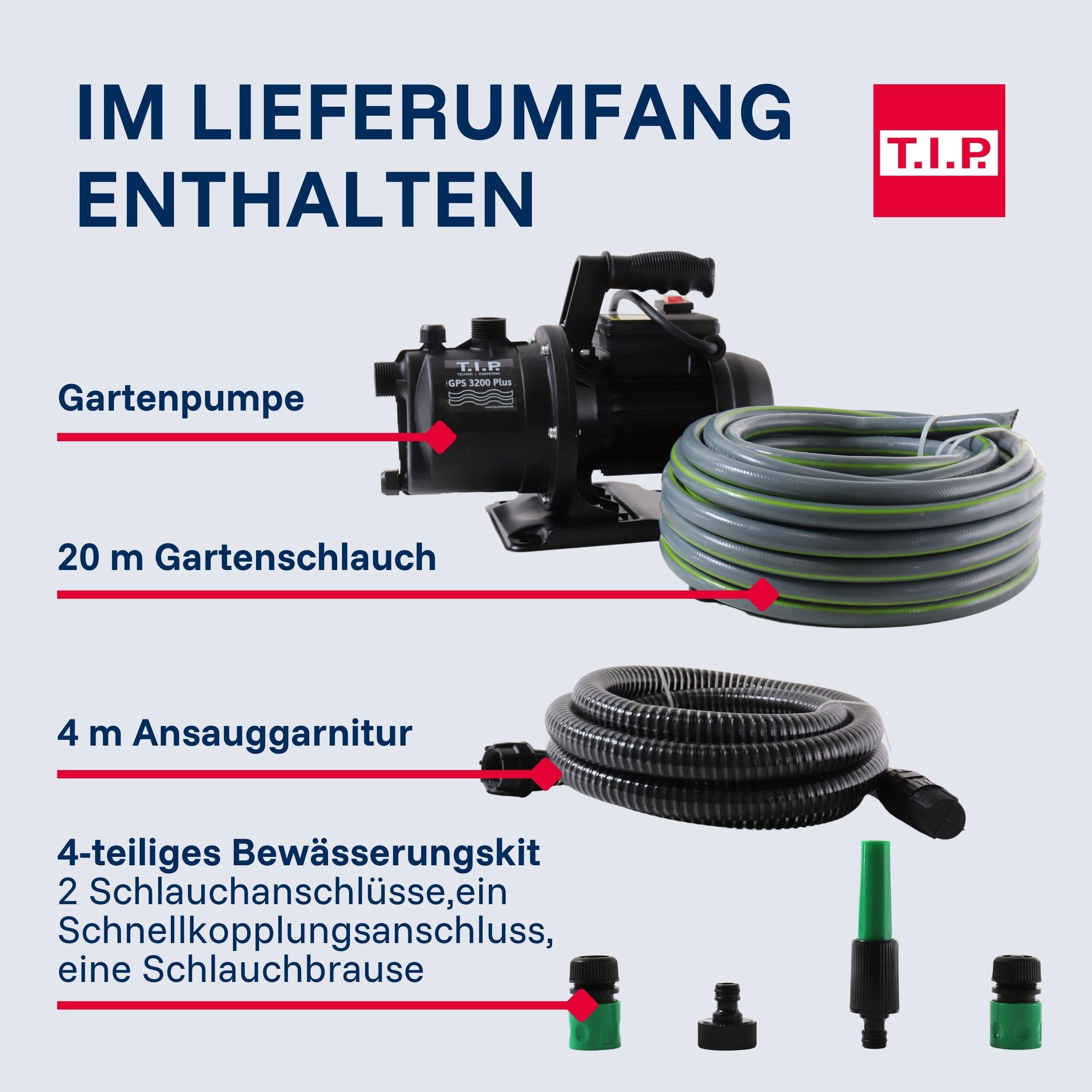 T.I.P. Gartenpumpe mit Bewässerungsset (3.200 l/h Fördermenge, 42 m Förderhöhe, 4,2 bar Druck, GFK, inkl. 20m Bewässerungsschlauch, 4m Saugschlauch, 3x Anschlussstück, 1x Spritze) GPS 3200 Plus, 30172