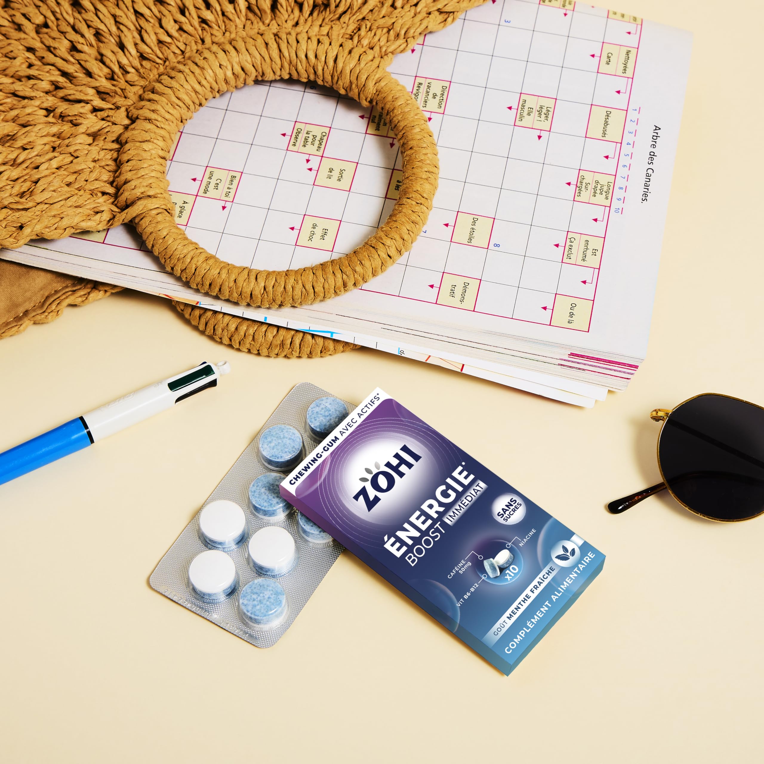 ZOHI Chewing-gum sans sucres avec actifs - Boost Energie - Goût menthe fraîche - Complément alimentaire avec édulcorants - Boîte de 12 plaquettes de 10 chewing-gums
