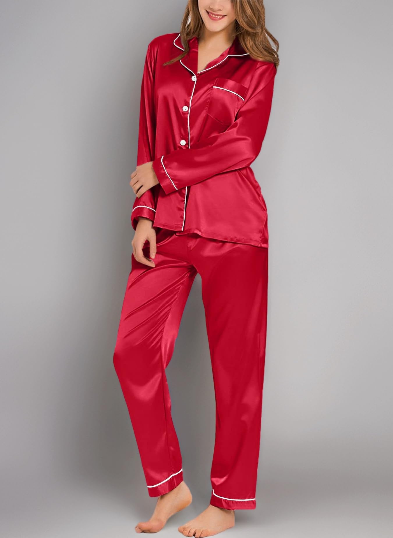 SWOMOG Women's Pyjama Set Silk Satin Long Sleeve Button Down Pyjamas Two Piece Comfy Sleepwear and Loungewear Set