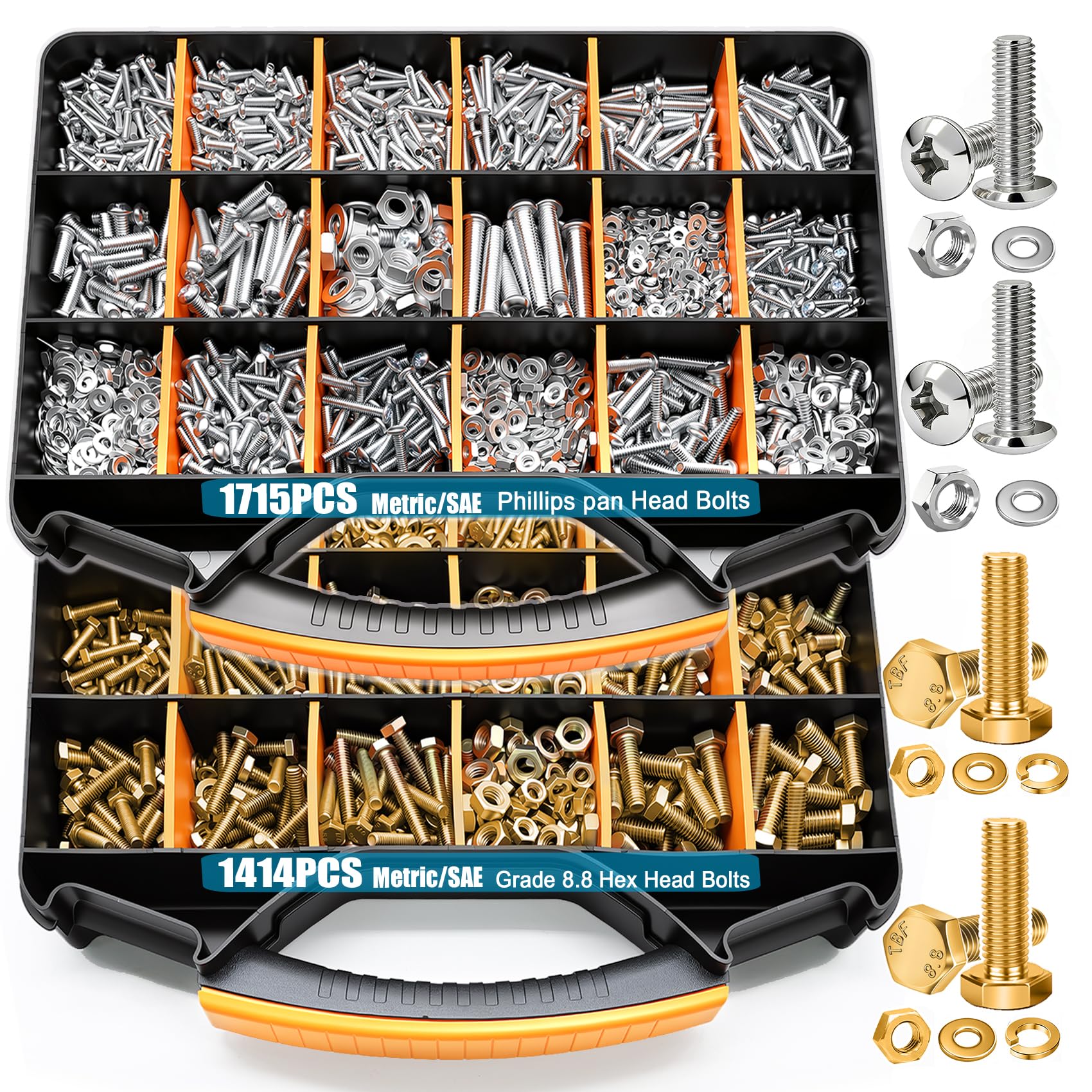 Taiss 3129PCS Nuts and Bolts Assortment Kit 39 Sizes,SAE & Metric Phillips Pan Head/Grade 8.8 Hex Head Bolt and Nut Set+3160PCS Metric Flange Bolt Assortment Kit,Nuts and Bolts Assortment Kit
