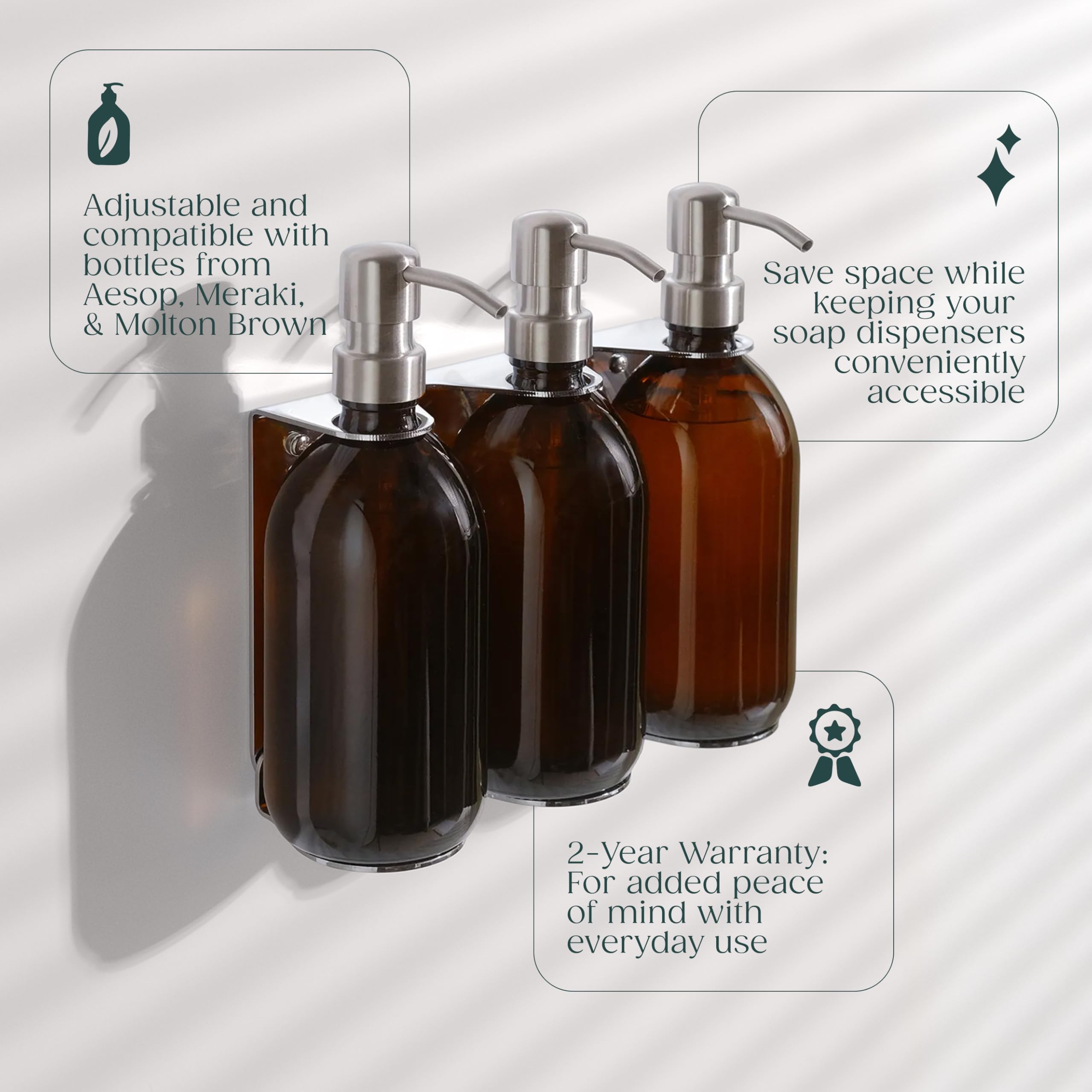 Set di 3 dispenser da parete per doccia, cromato, con staffa in acciaio inox, facile ricarica, per bagni di lusso