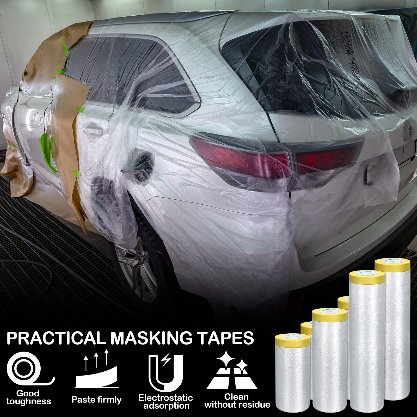 12 rotoli di nastro e drappeggio assortiti, fogli di plastica pre-nastrati, carta per mascherare trasparente per pittura automobilistica, 3 misure multiple x 66 piedi/rotolo