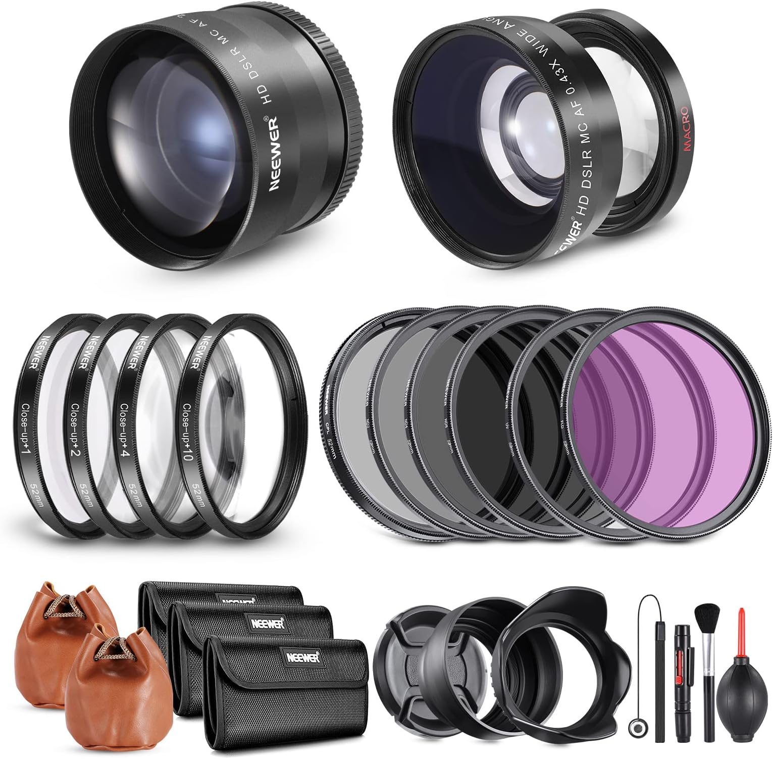 52mm Lens and Filter Set: Wide Angle/2.2X Telephoto Additional Lens for 18mm-85mm APS-C Lens, (+1+2+4+10) Close Up Macro/ND/UV/CPL/FLD Filters for Camera Lens with ⌀52mm Thread