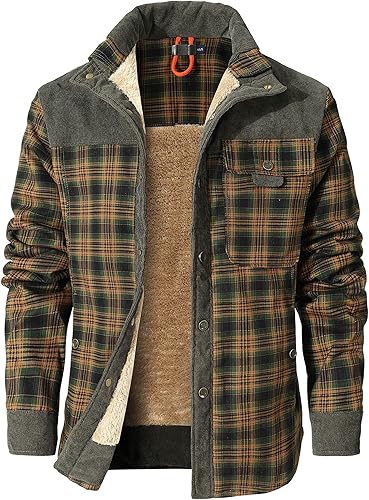 Zaitun Men's Sherpa Lined Flannel Corduroy Plaid Shirt Long Sleeve Button Up Jacket Fleece Coat For Men With Pocket