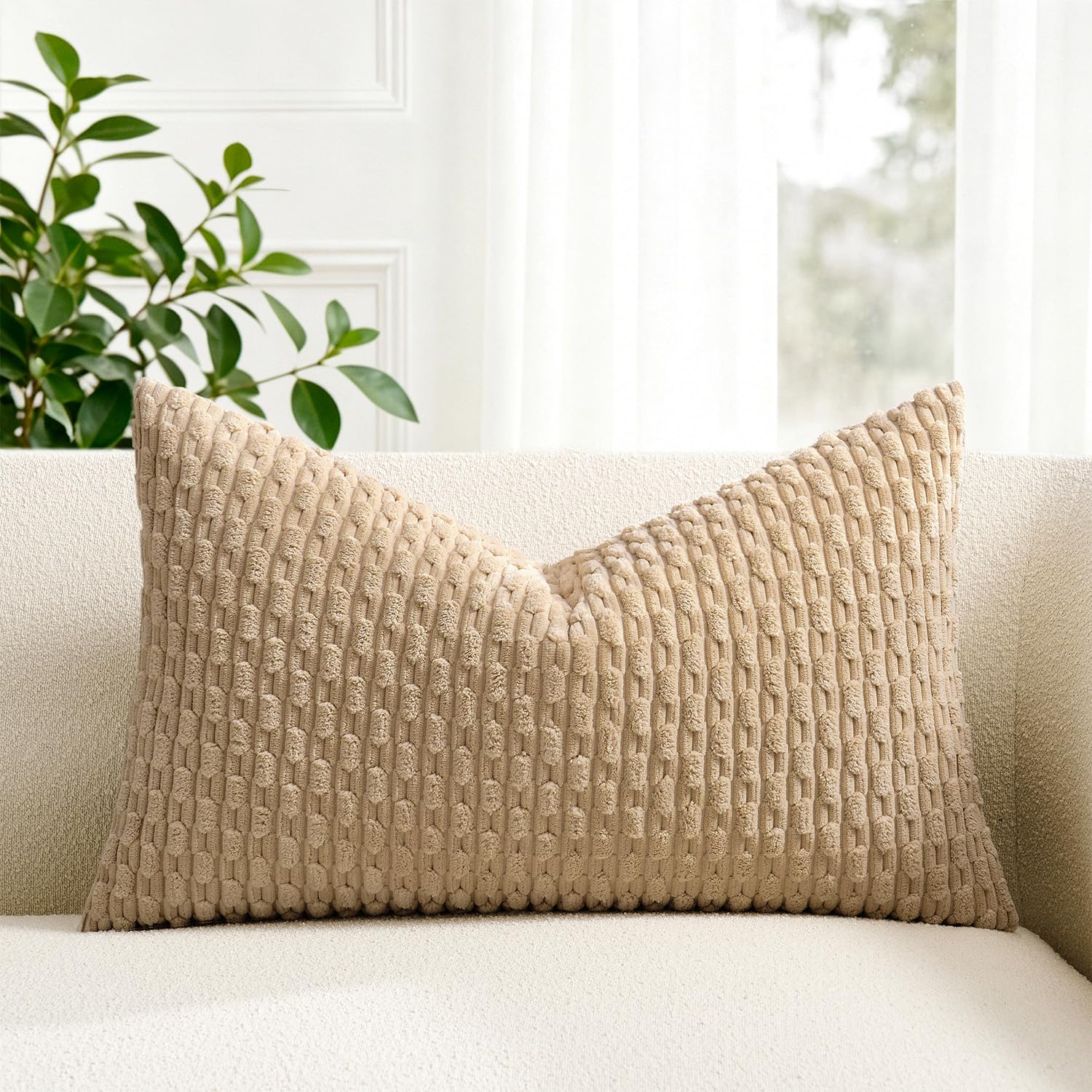 Photo 1 of Kevin Textile 14x24 Inch Pillow Cover 1 Pack Boho Decorative Soft Striped Corduroy Lumbar Farmhouse Solid Color Accent Rectangle Cushion Case for Living Room Couch Sofa Bed, Tan