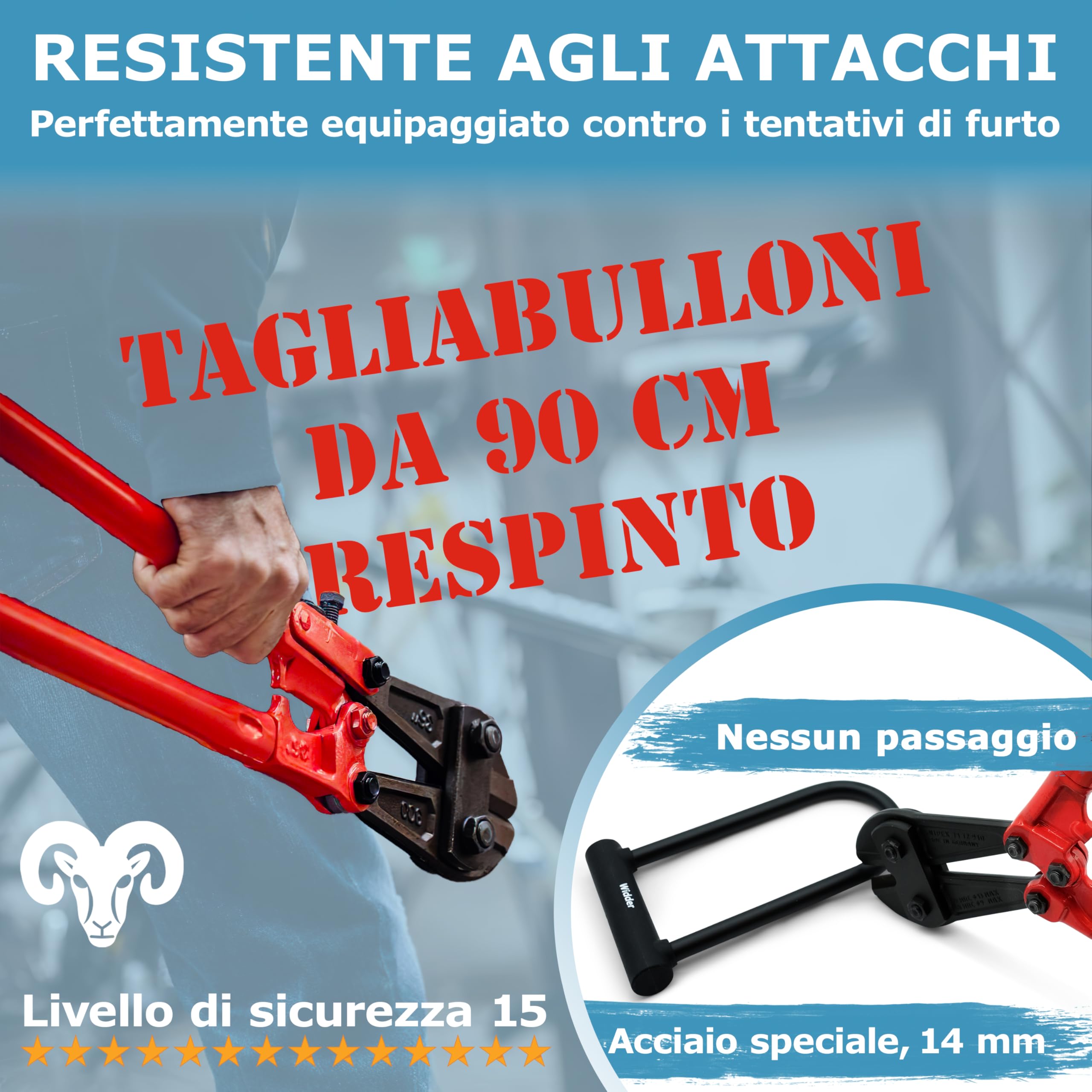WIDDER Antifurto ad arco bici estremamente sicuro [Acciaio cromato Livello di sicurezza 15] Arco massiccio 18 mm, Lucchetto 64 cm circonferenza con Supporto & 3 chiavi, Antifurto e‑Bike & e‑Scooter