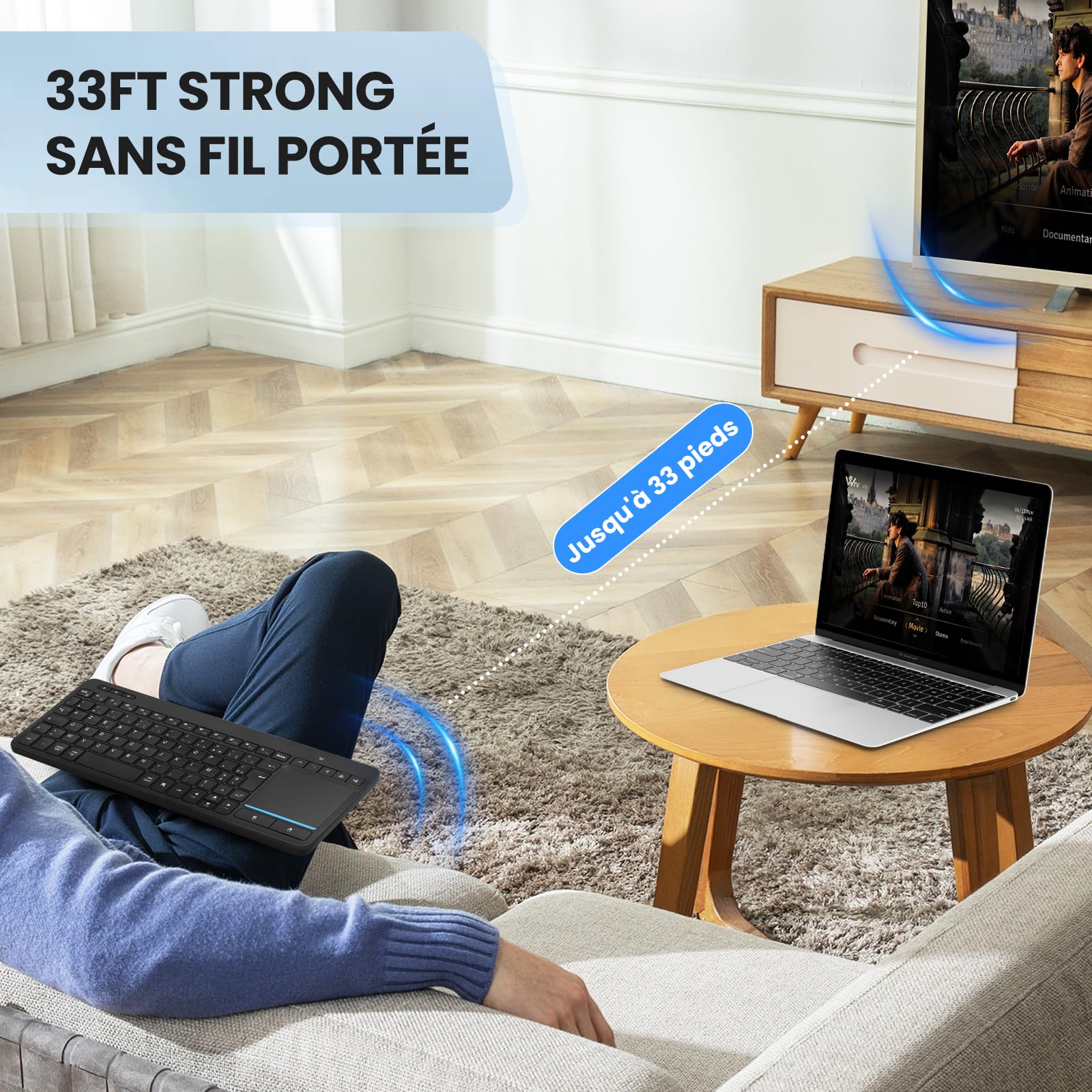 Clavier sans Fil Multi-appareils avec pavé Tactile-Clavier Bluetooth doté d'un Grand pavé Tactile, Compatible avec 3 appareils PC/Windows/Android/Chrome OS/Smart TV/HTPC - AZERTY