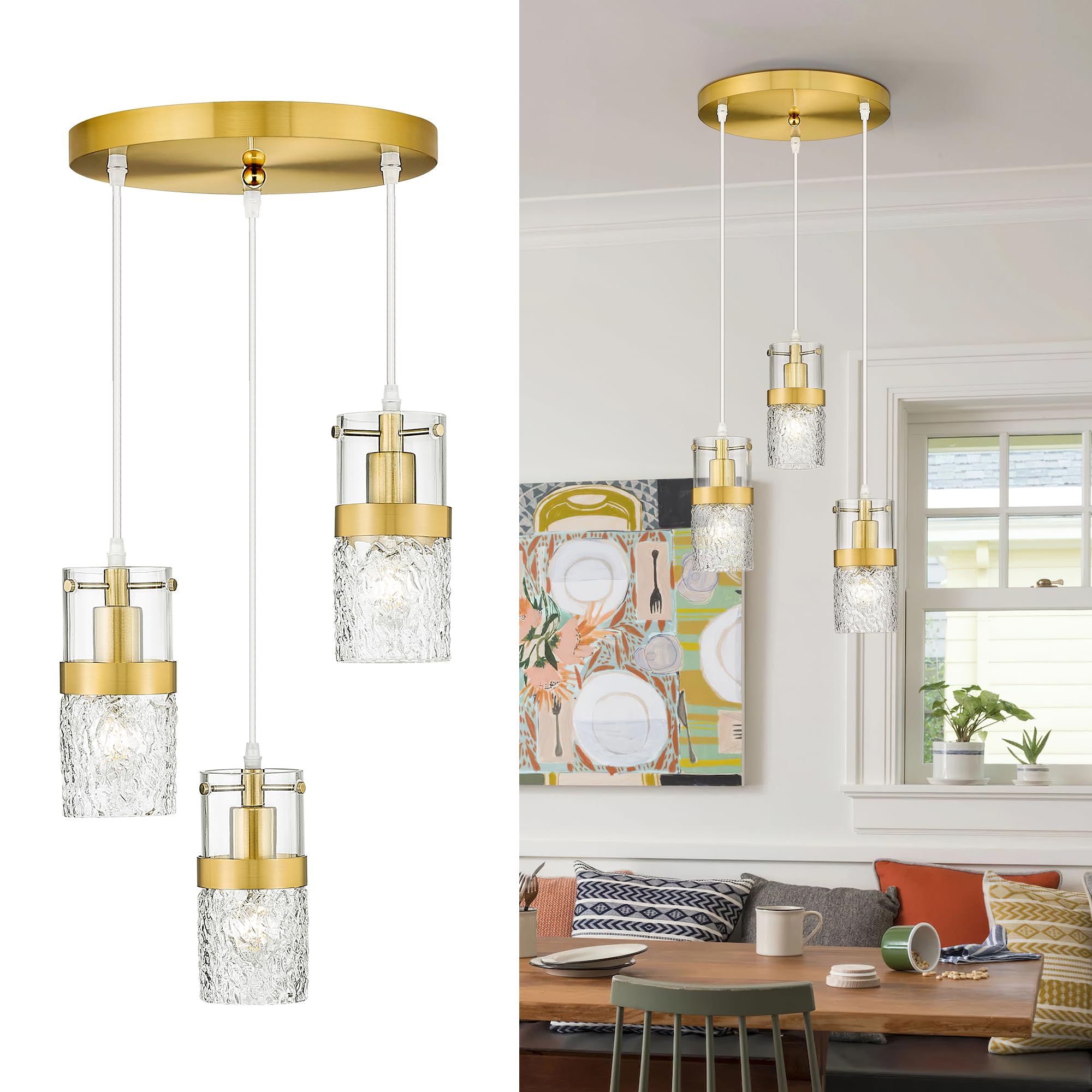 LMS 3-Light Pendant Light Fixtures, Brushed Gold Farmhouse Kitchen Island Light, Industrial Adjustable Hanging Pendant Lighting, Cluster Chandeliers, LMS-189