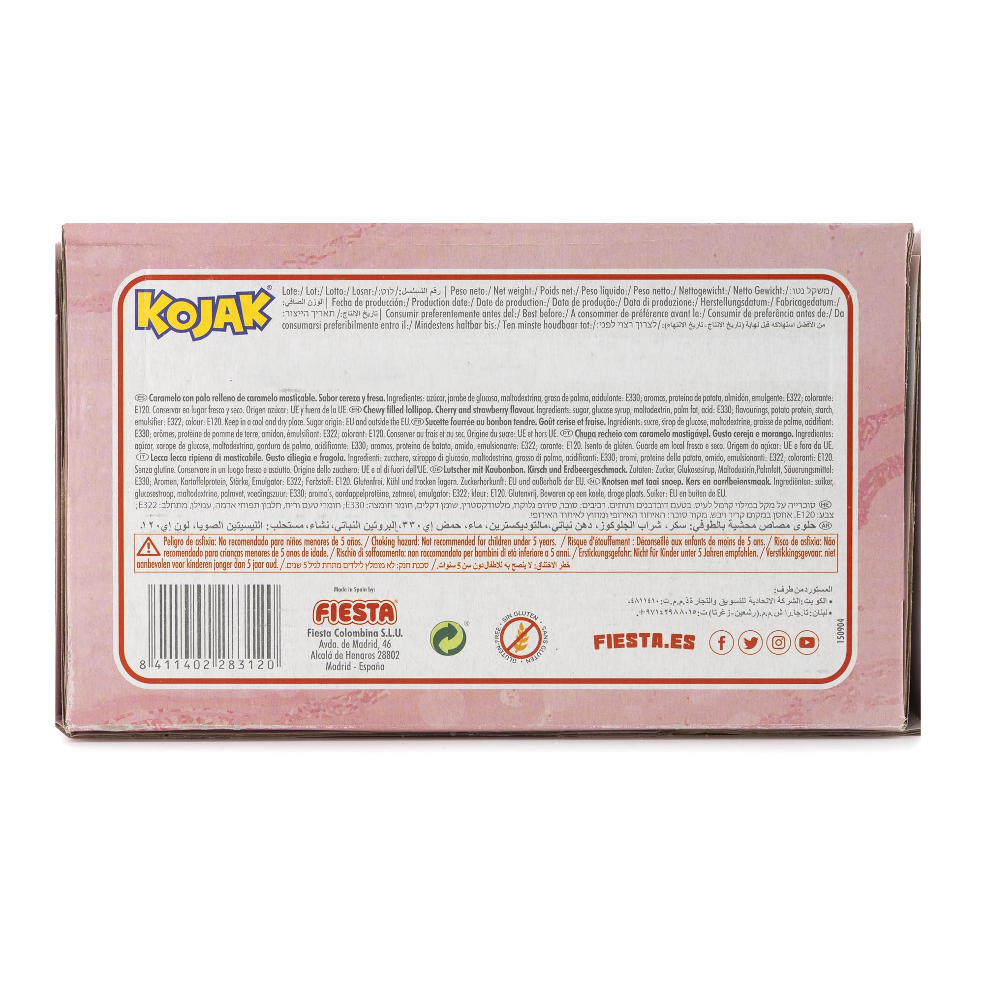FIESTA Kojak Lolipop Caramelo con Palo Sabor Cereza Relleno de Masticable de Fresa - Caja de 100 unidades