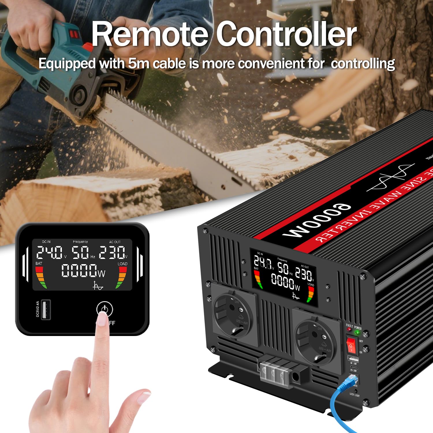 JIGUUN 6000W inwerter sinusoidalny 24V na 230 V z bezprzewodowym pilotem zdalnego sterowania Wyświetlacz LCD 2 gniazdko UE i 1 port USB do samochodu, na kemping, w podróży, w nagłych