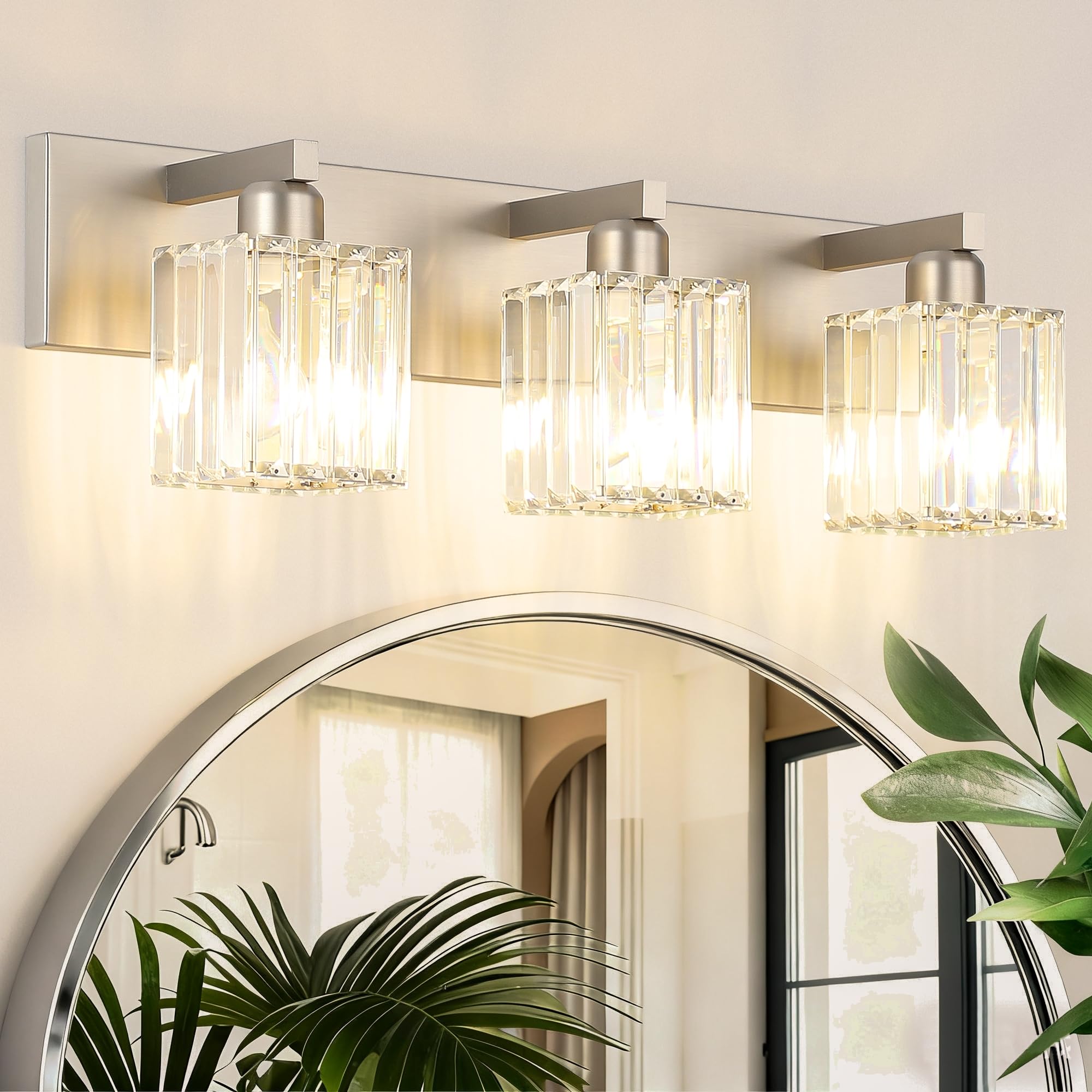 Aipsun Brushed Nickel Vanity Light Bathroom Lighting Fixtures 3 Light Crystal Modern Bathroom Vanity Light Exclude Bulb