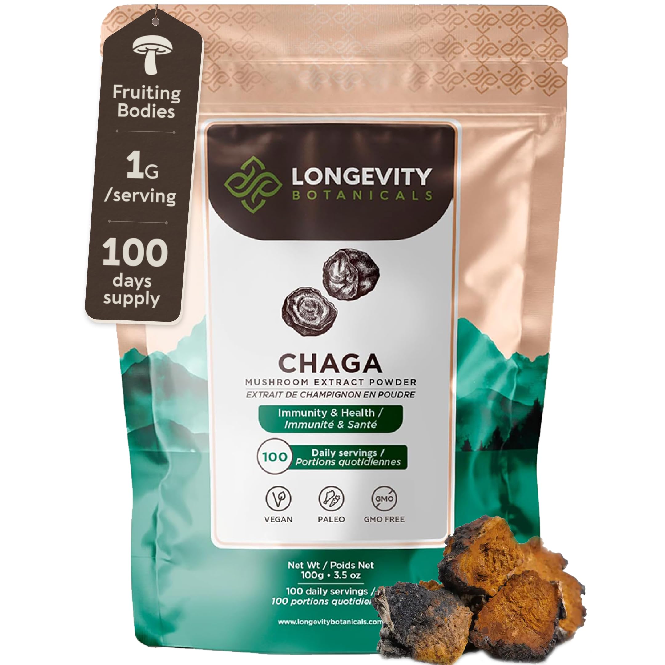 Chaga Mushroom Powder Supplement 100g | Pure Fruiting Body 10:1 High Strength Extract | 10% Beta-D Glucans | 10,000mg Raw Equivalent Per Serving | No Fillers | Antioxidants, Immunity & Cell Support