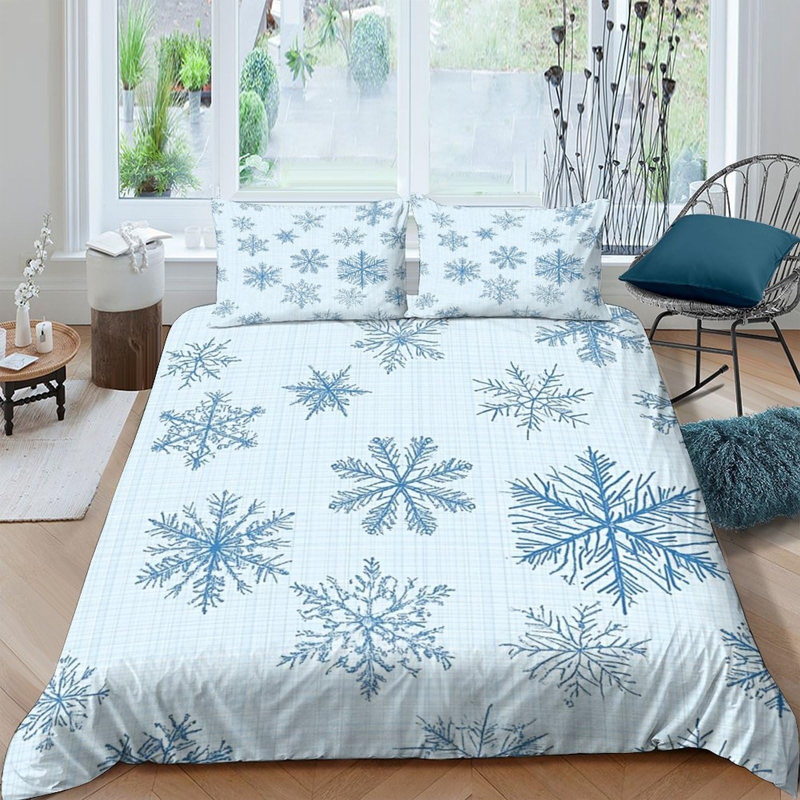 Ctjqhvkz Style-4 3D Printed Snowflake Pattern Fitted Sheet Microfiber Non Slip Winter Blue Mattress Cover Dustproof Easy Care For Bedroom Single（135X200cm）