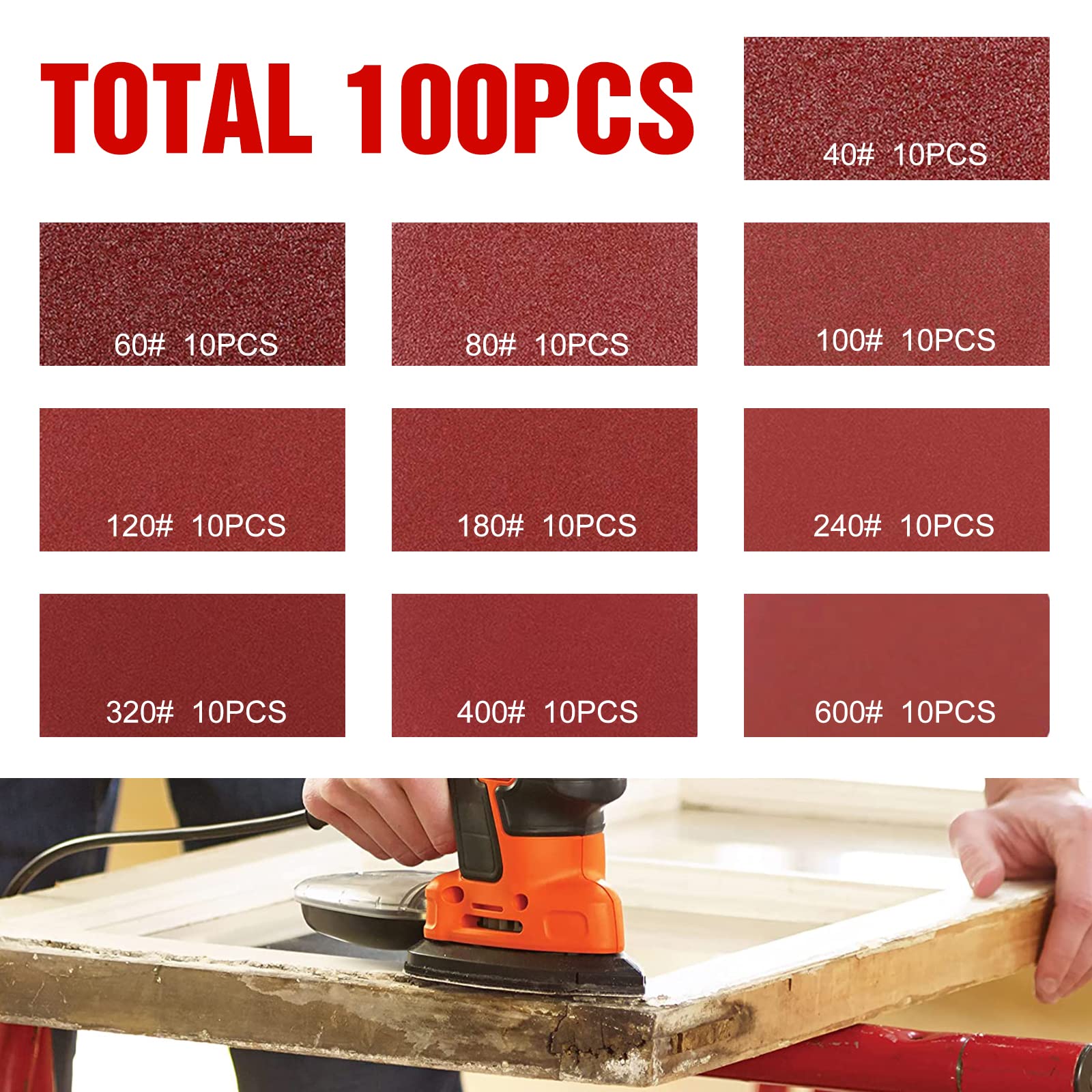KONGMING Papier ścierny, szlifierka trójkątna, na rzep, 5 otworów, 100 sztuk, ziarnistość: 40, 60, 80, 100, 120, 180, 240, 320, 400, 600 arkusze szlifierskie do szlifierek detalicznych