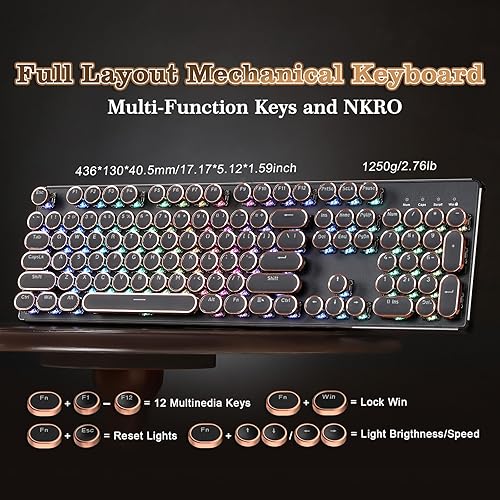 Miniatura 5 de YUNZII QL108 Teclado mecánico para juegos estilo máquina de escribir, teclados retroiluminados RGB intercambiables en caliente, panel de metal,